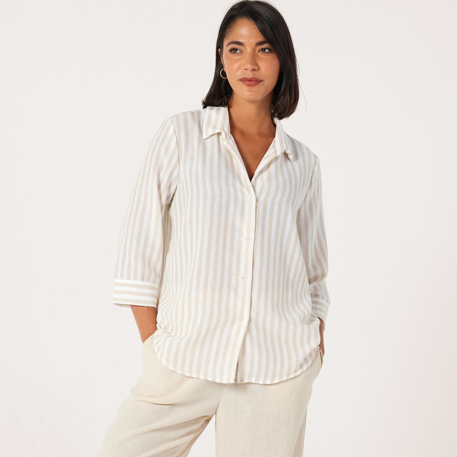 Kim & Co Striped Linen Feel Olivia 3/4 Sleeve Relaxed Shirt