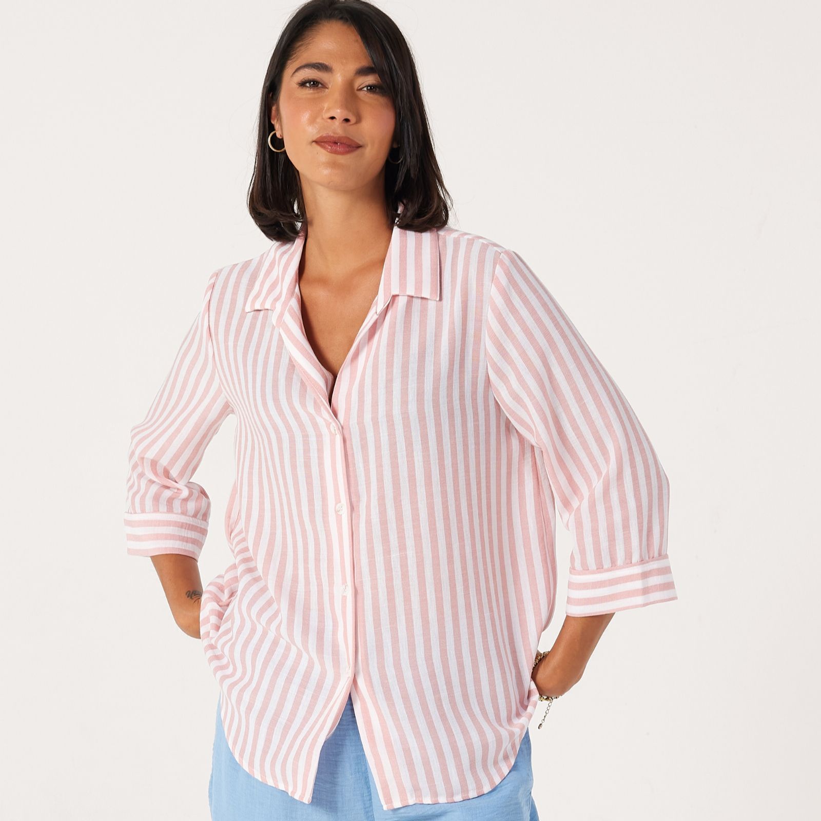Kim & Co Striped Linen Feel Olivia 3/4 Sleeve Relaxed Shirt