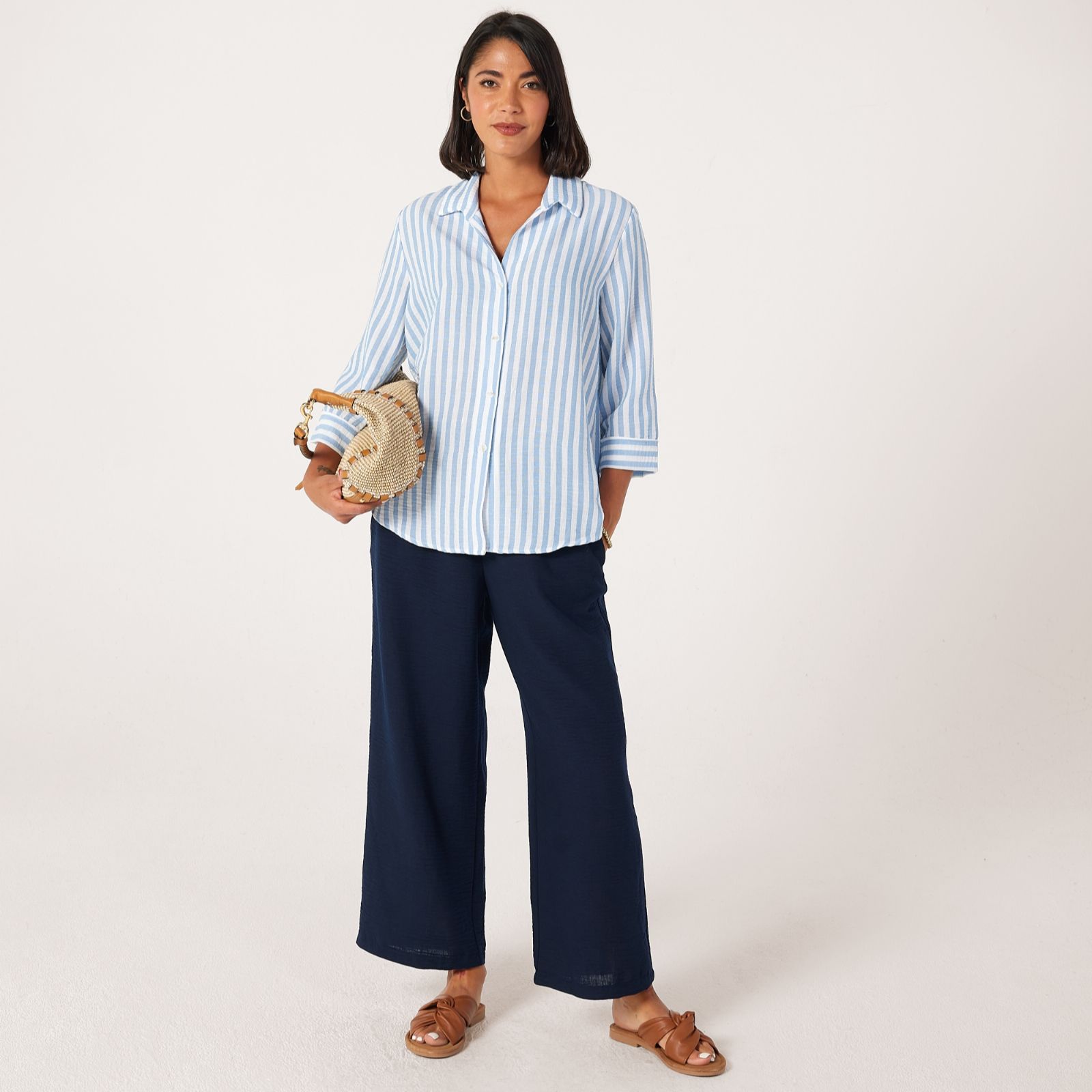 Kim & Co Striped Linen Feel Olivia 3/4 Sleeve Relaxed Shirt