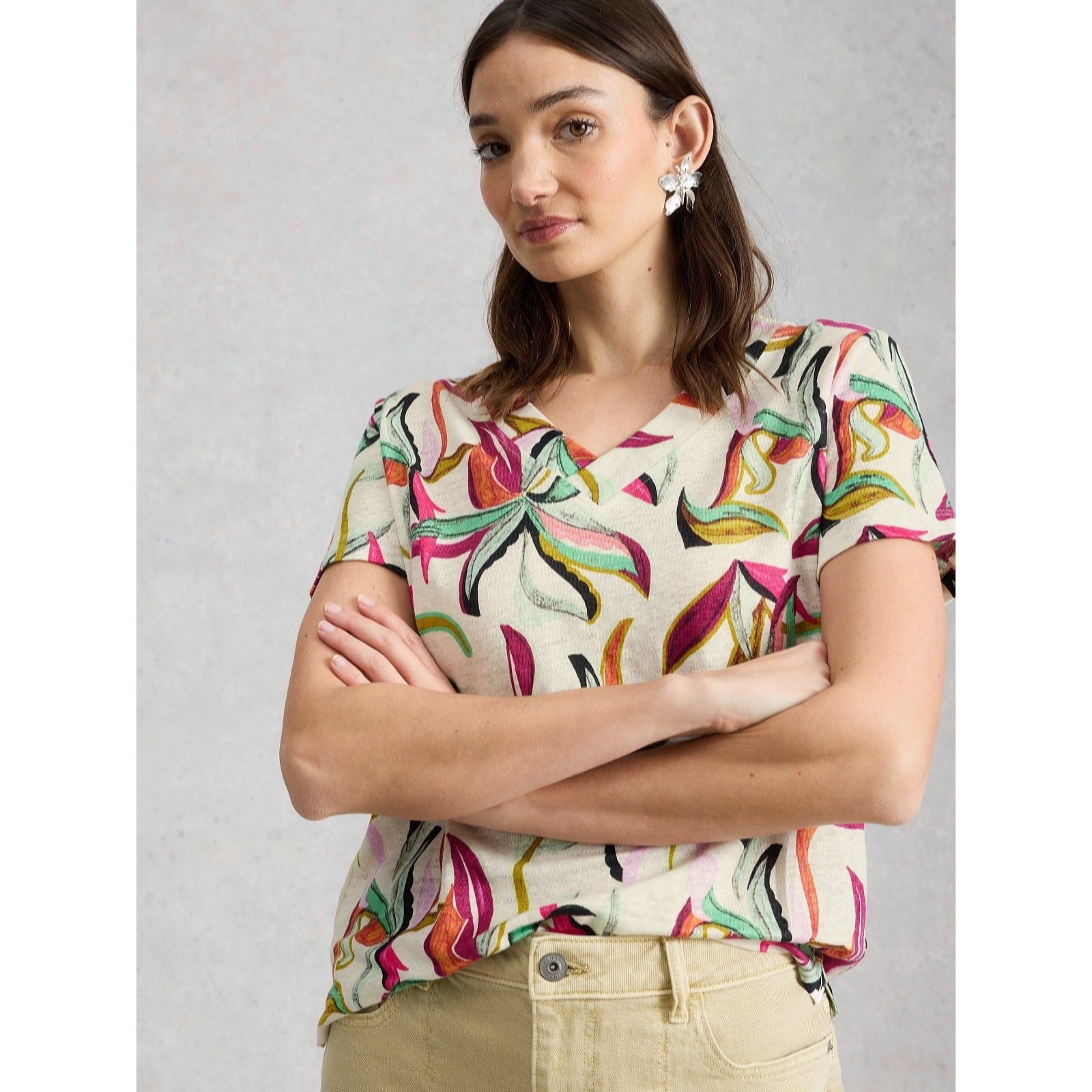 White Stuff Suzie Printed V Neck Linen Tee