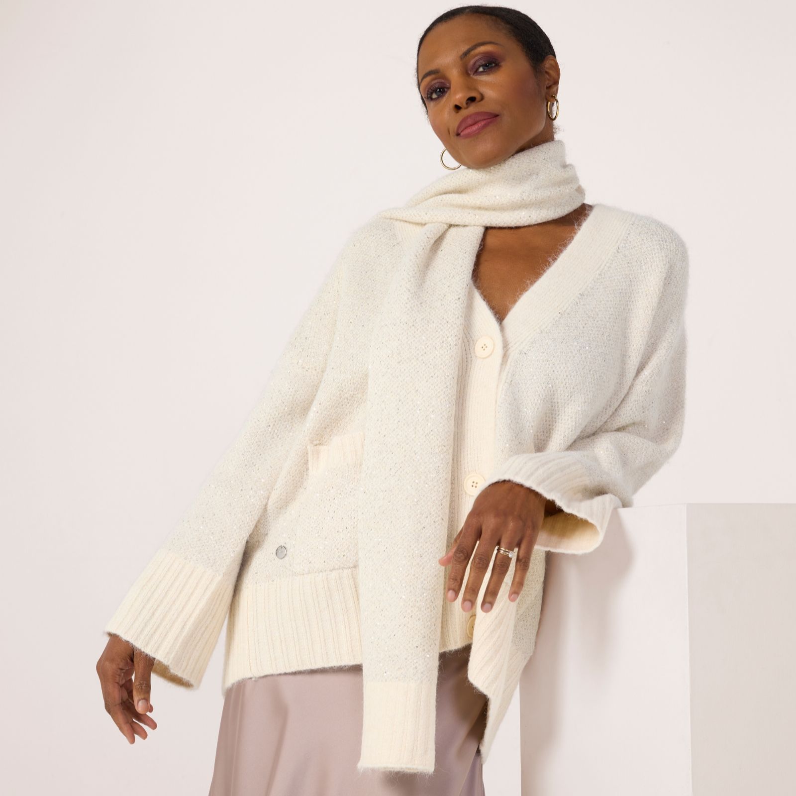 Malissa J Sequin Knit Cardigan with Scarf