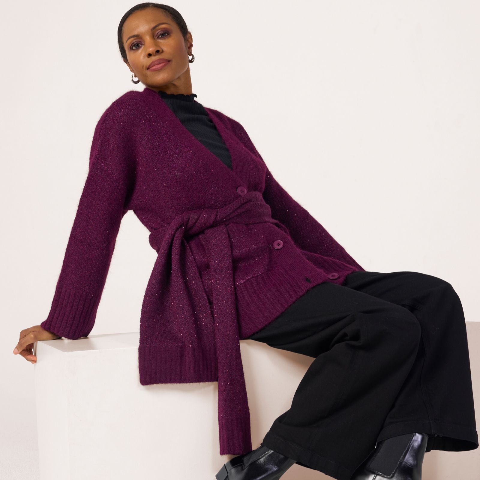 Malissa J Sequin Knit Cardigan with Scarf