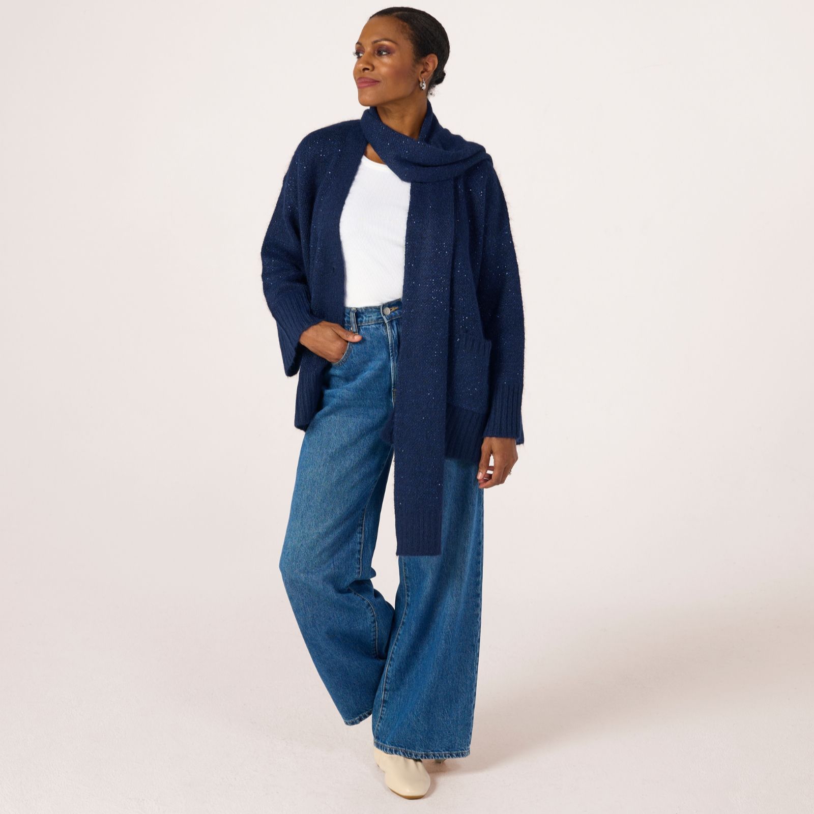 Malissa J Sequin Knit Cardigan with Scarf