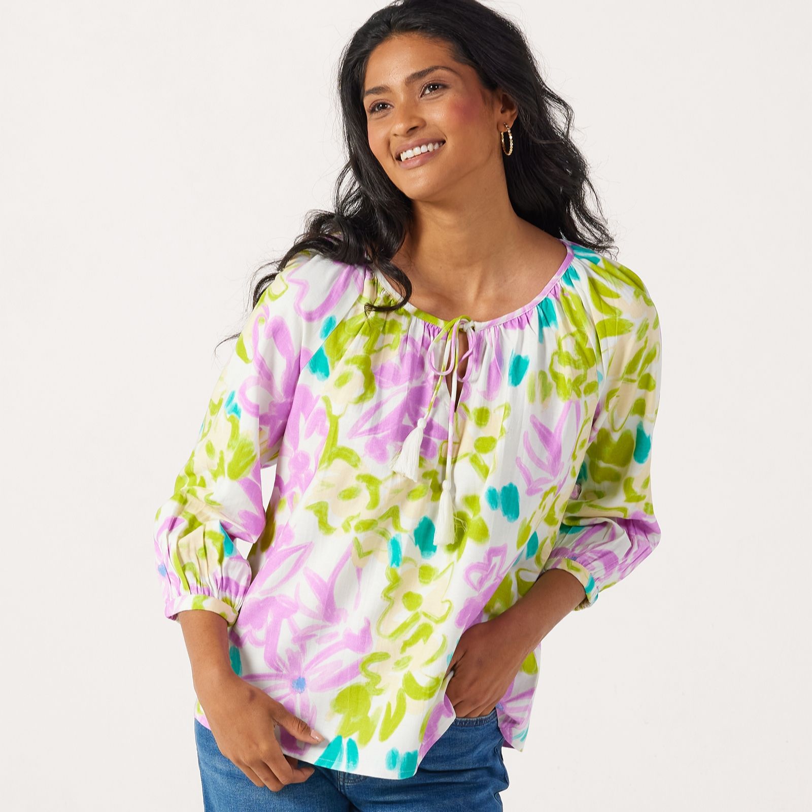 Denim & Co. Linen Blend Printed Top