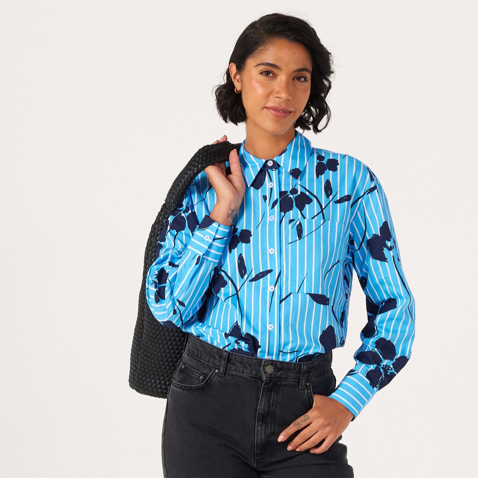 Denim & Co. Stripe & Floral Shirt
