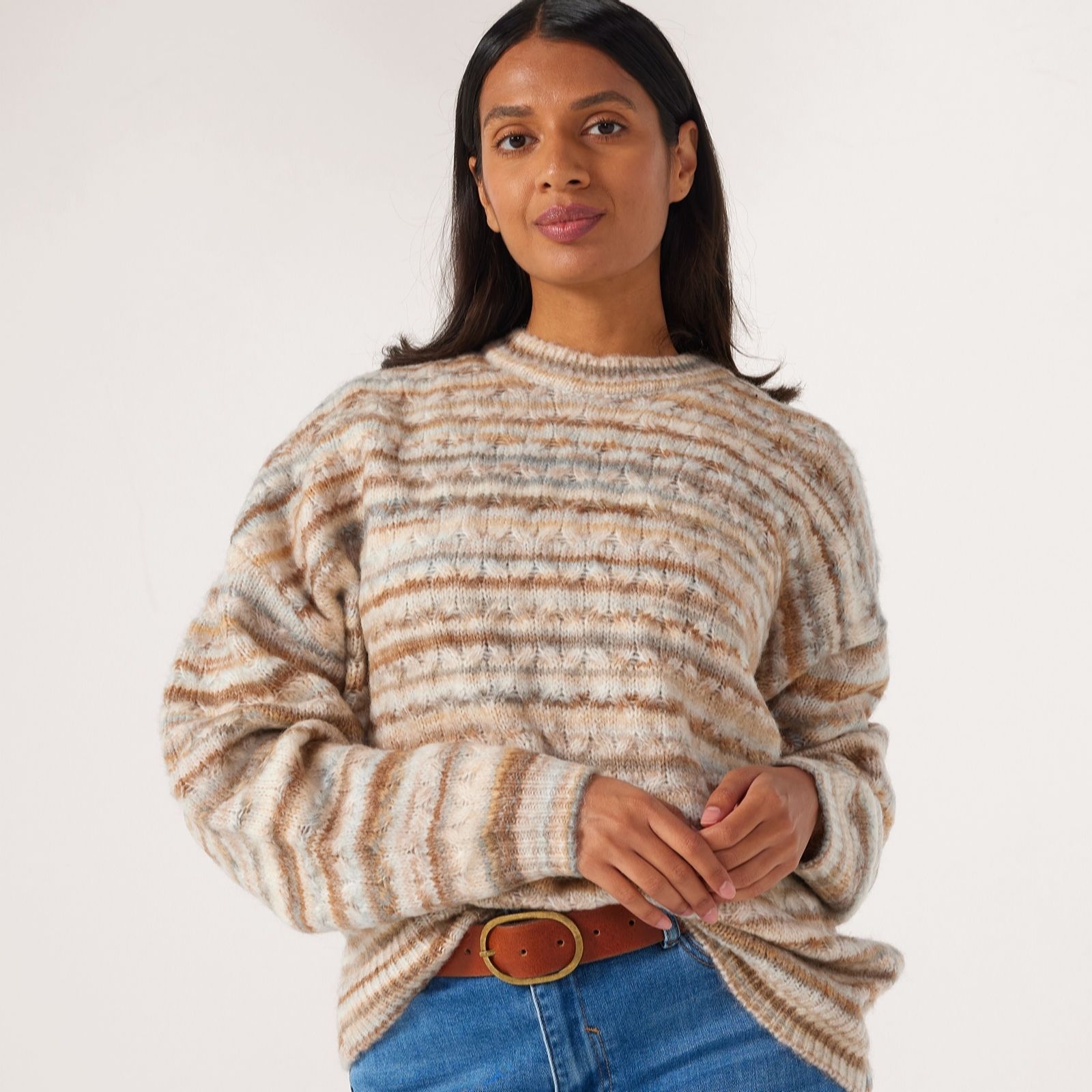 Apricot Wool Blend Stripe Aran Jumper
