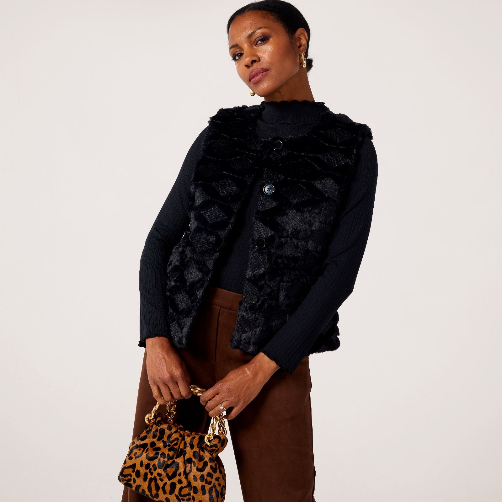Helene Berman Patterns Faux Fur Stretch Knit Gilet