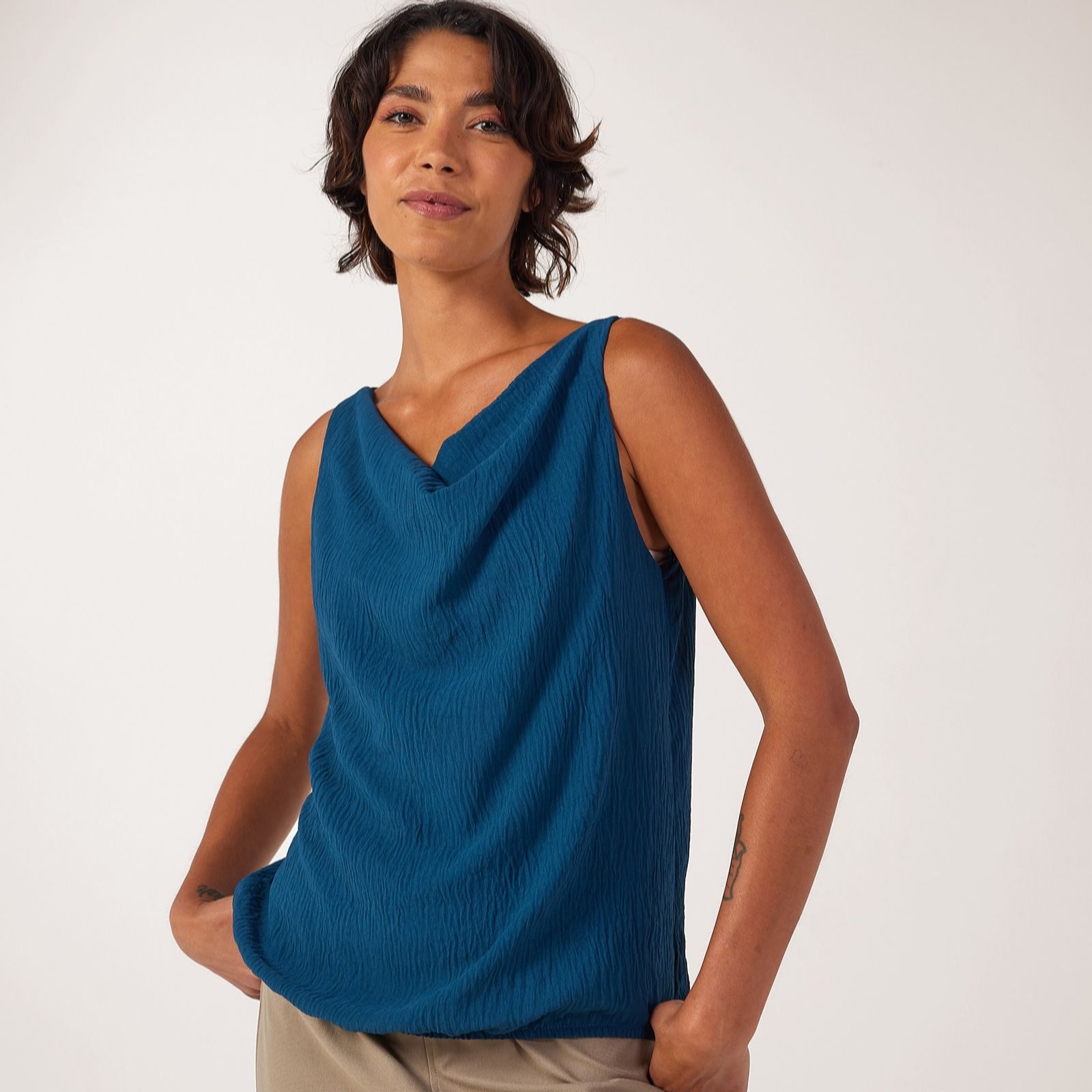 Kim & Co Crinkle Poplin Drape Neck Relaxed Blouson Top