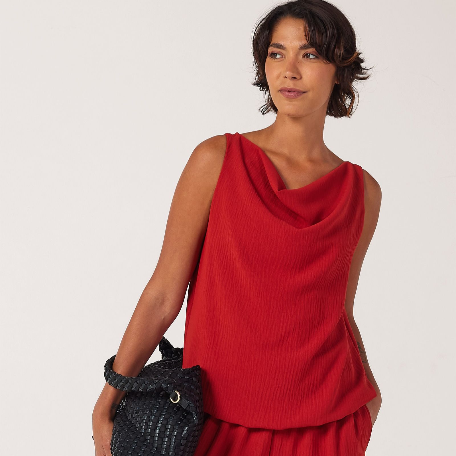 Kim & Co Crinkle Poplin Drape Neck Relaxed Blouson Top