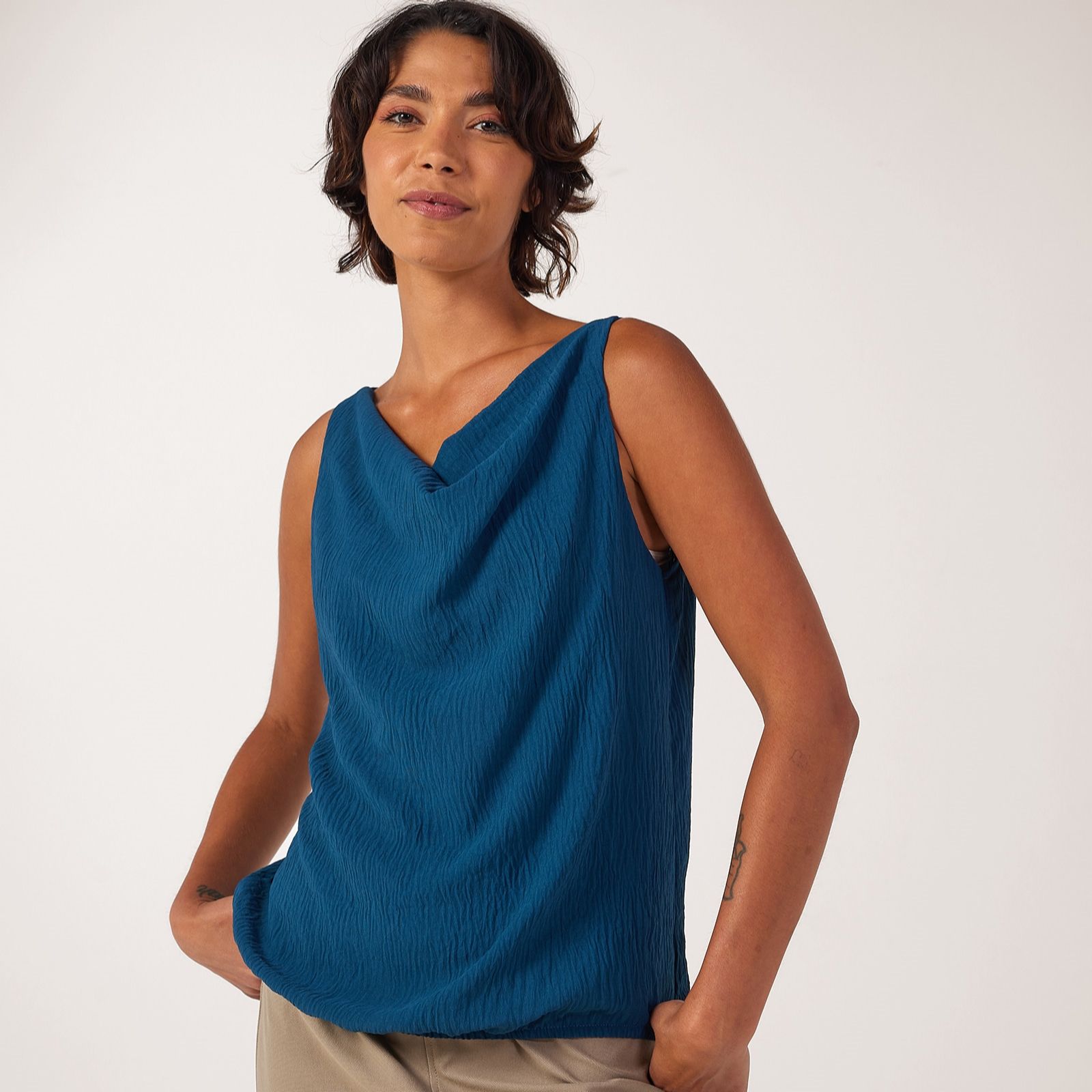 Kim & Co Crinkle Poplin Drape Neck Relaxed Blouson Top