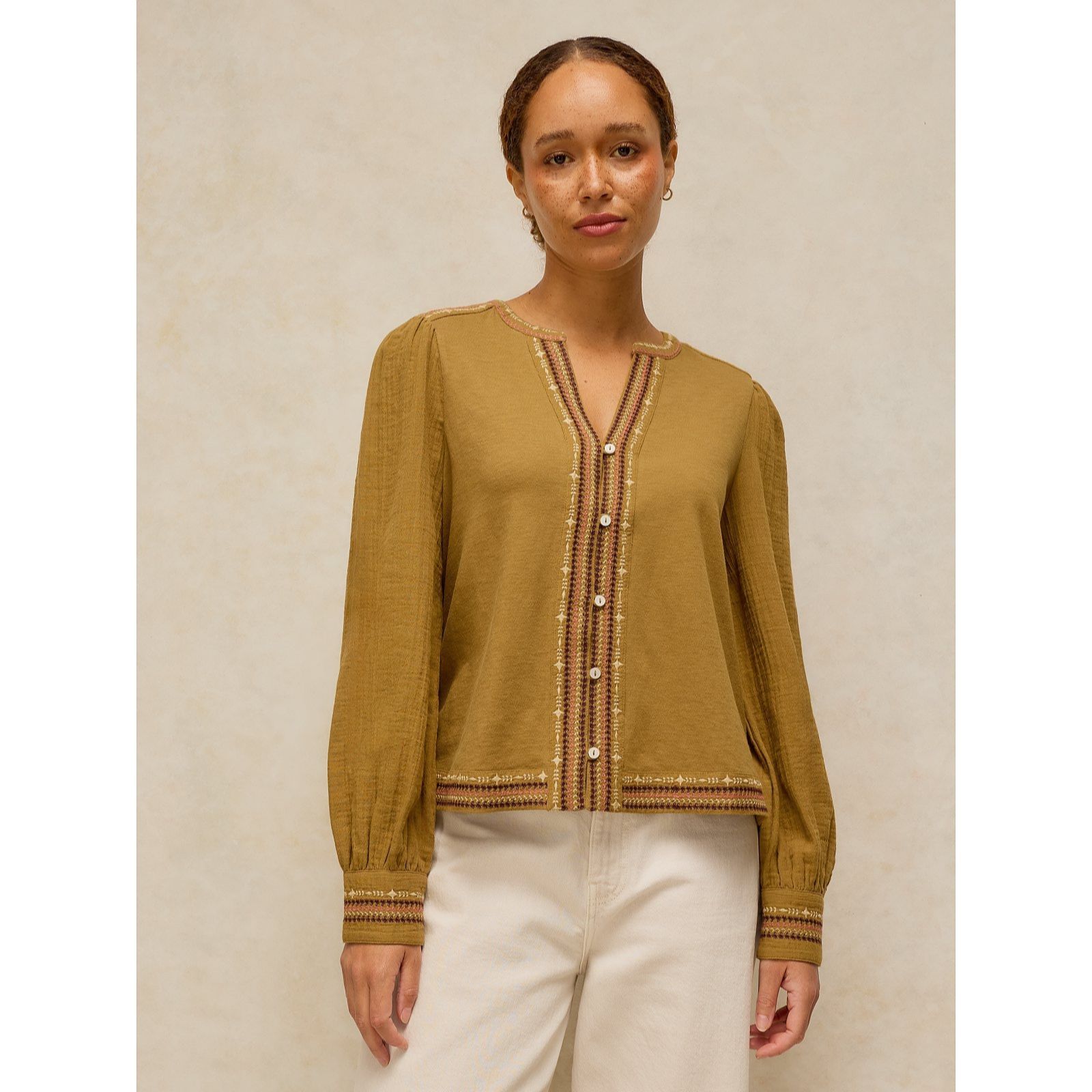 White Stuff Lizzie Cotton Jersey Mix Embroidered Top