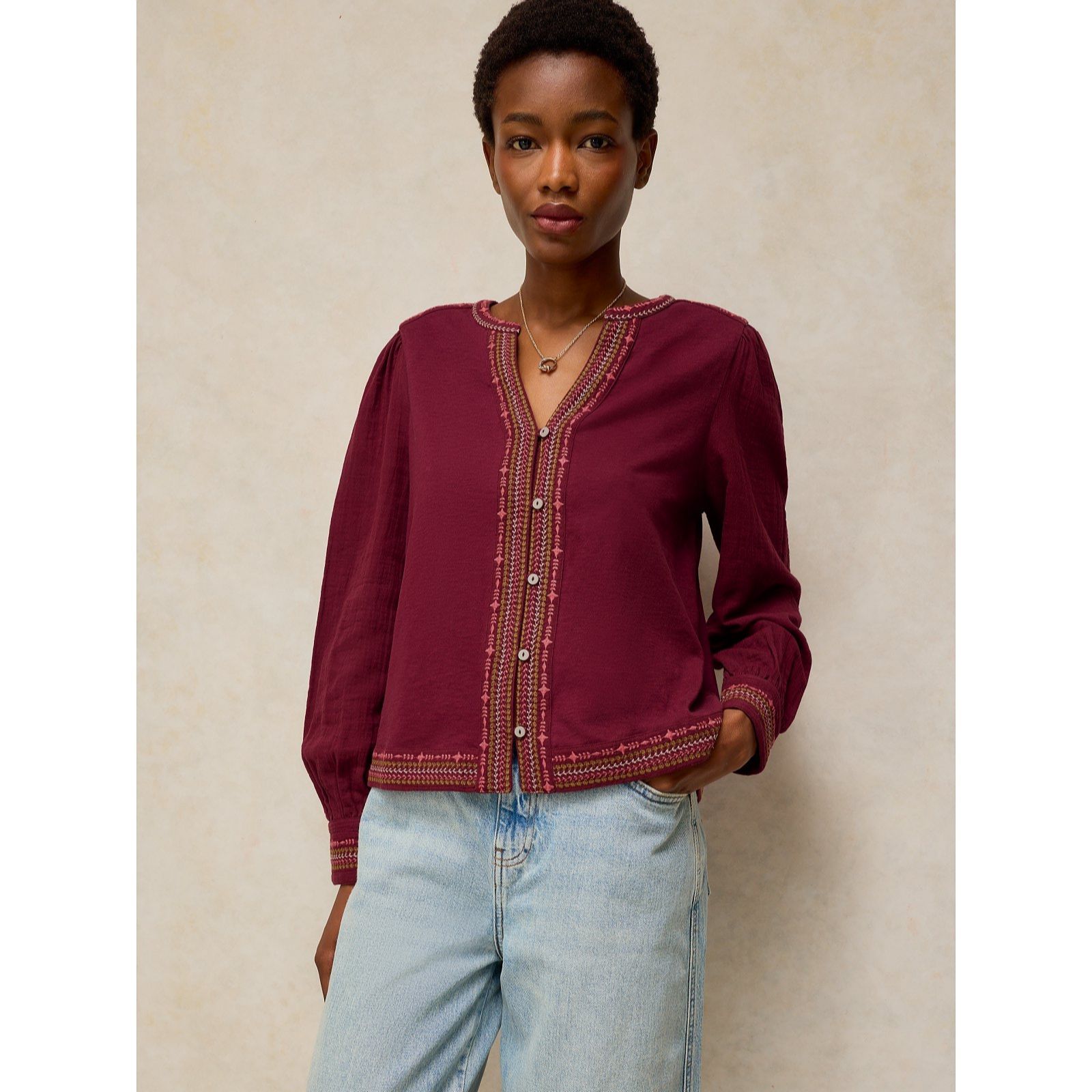 White Stuff Lizzie Cotton Jersey Mix Embroidered Top