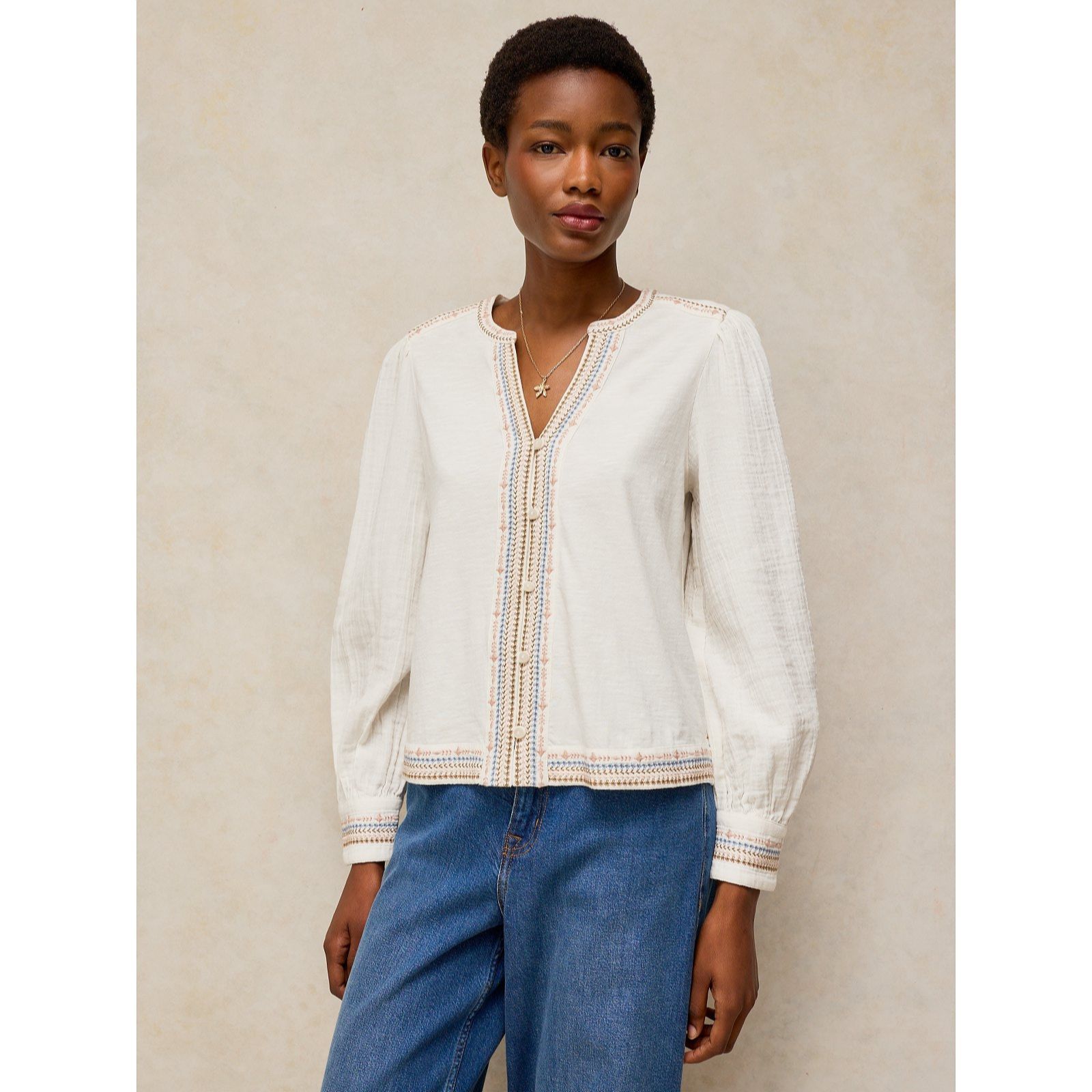 White Stuff Lizzie Cotton Jersey Mix Embroidered Top