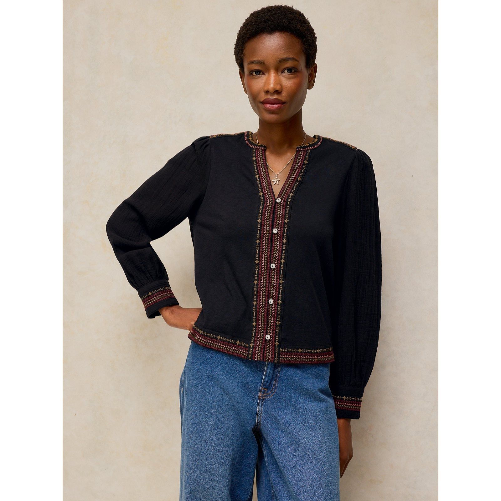 White Stuff Lizzie Cotton Jersey Mix Embroidered Top