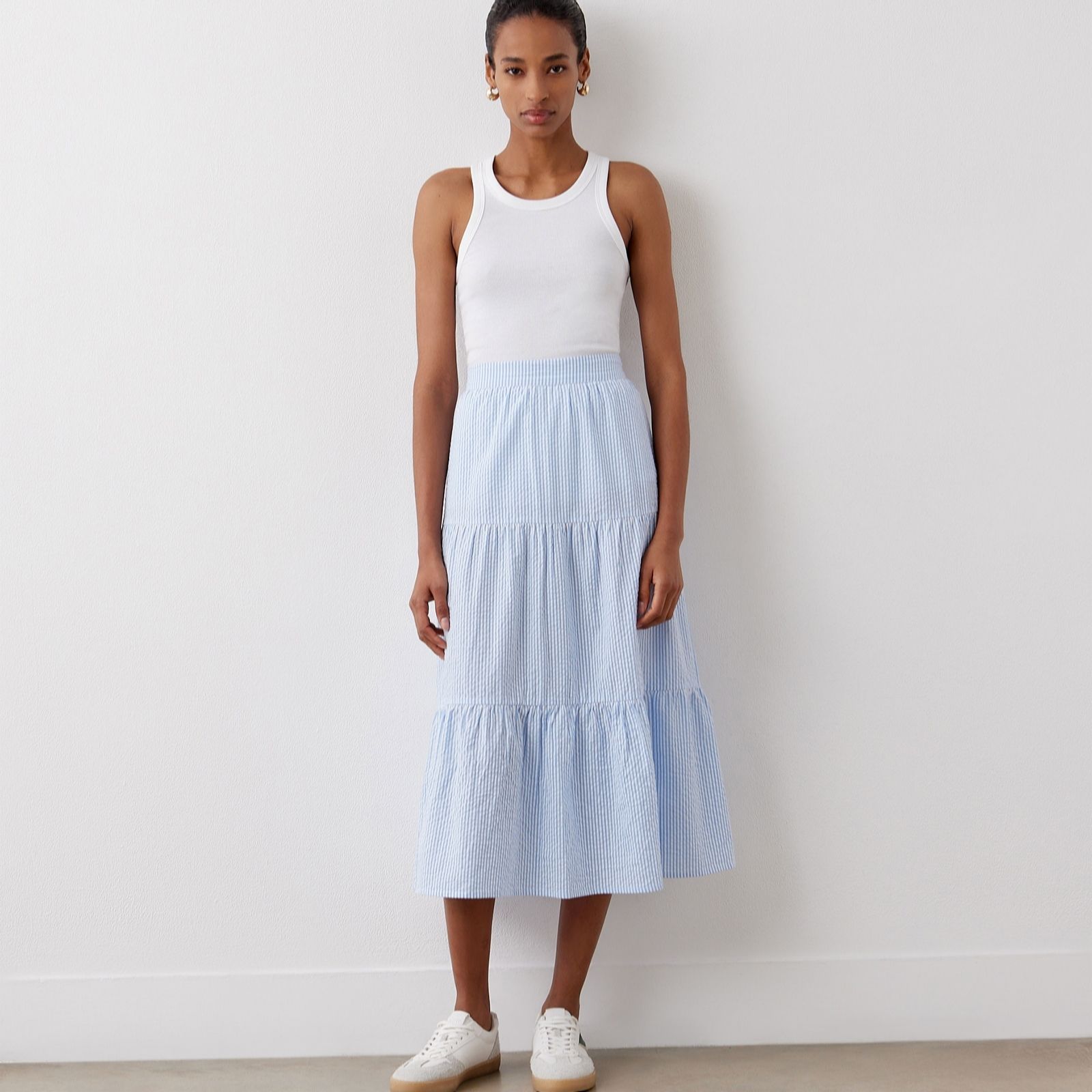 Finery London Esha Blue Stripe Midi Skirt with Stretch Waist