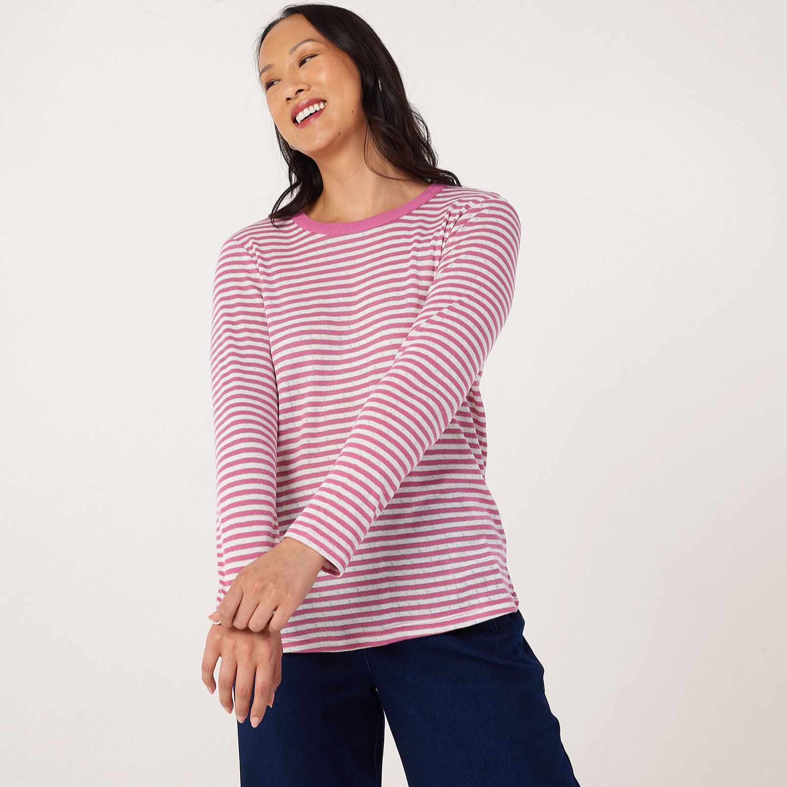 Denim & Co Pointelle Stripe Jersey Top