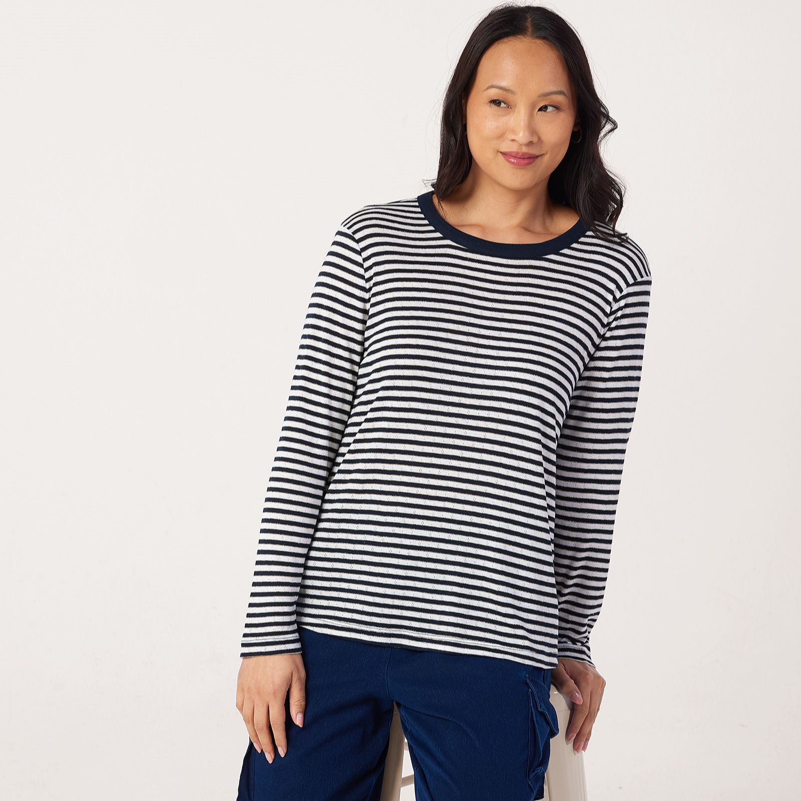 Denim & Co Pointelle Stripe Jersey Top