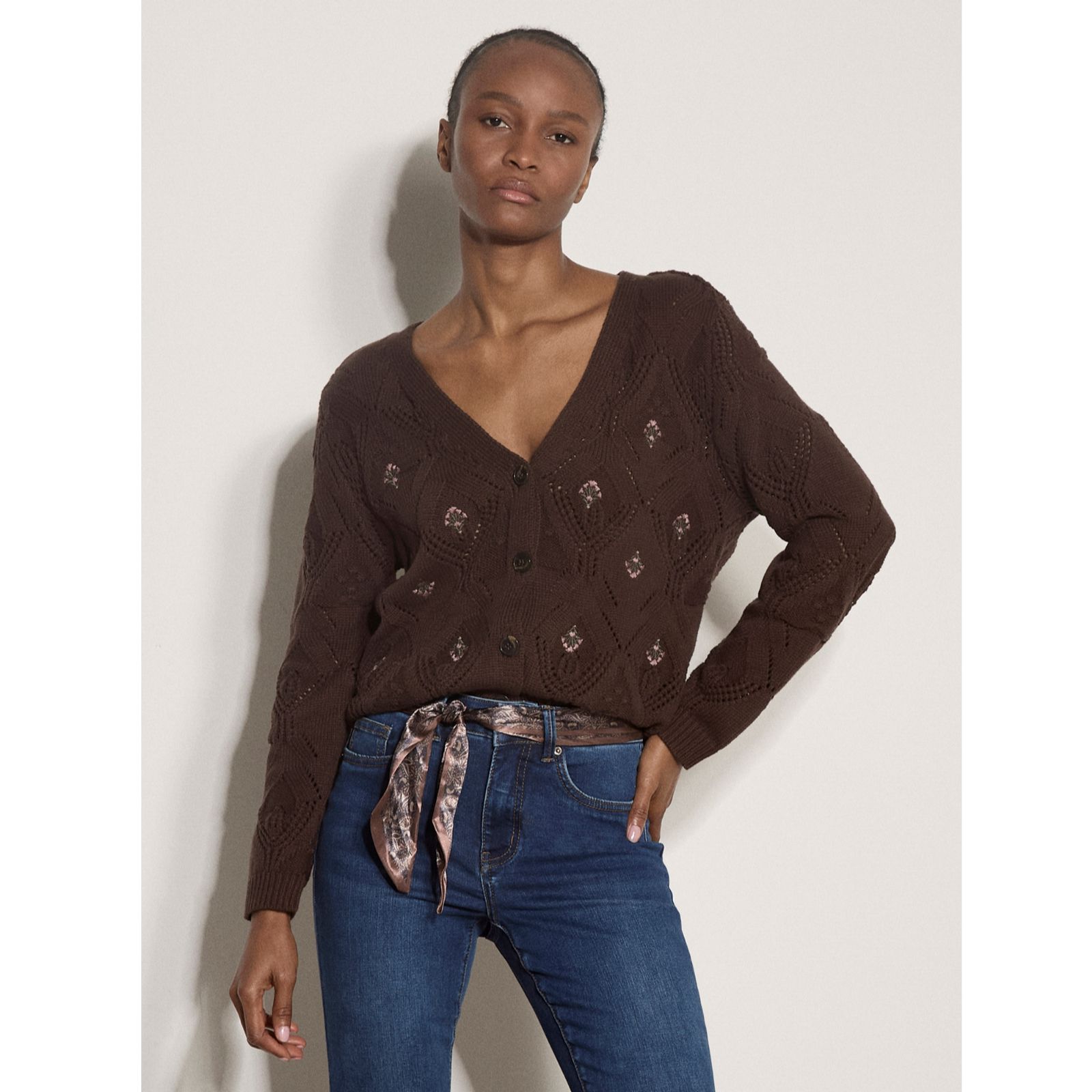 Apricot Embroidery Pointelle Knit Cardigan