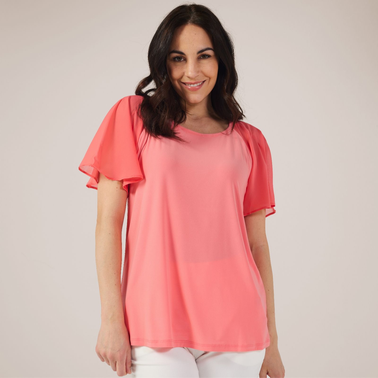 Nina Leonard Pleated Chiffon Flutter Sleeve Top - QVC UK