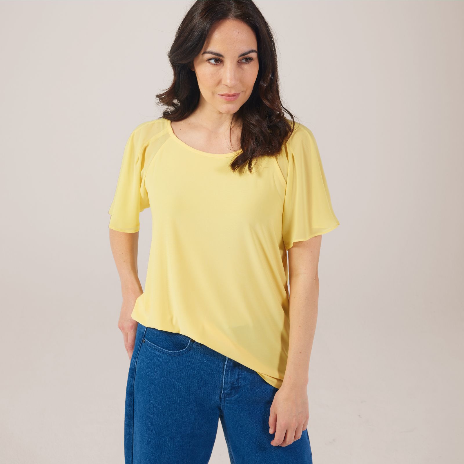 Nina Leonard Pleated Chiffon Flutter Sleeve Top - QVC UK