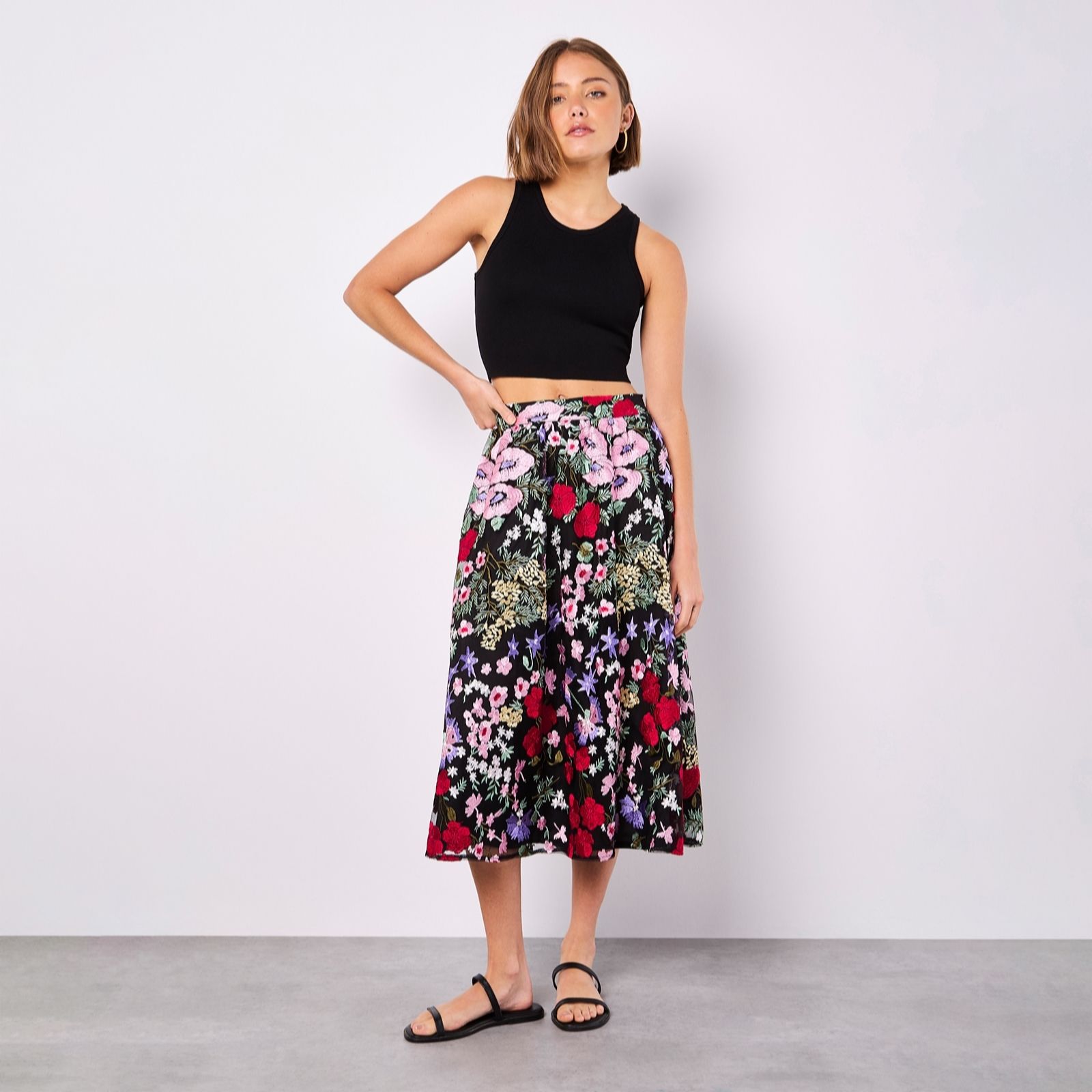 Apricot Floral Embroidered Mesh A Line Midaxi Skirt