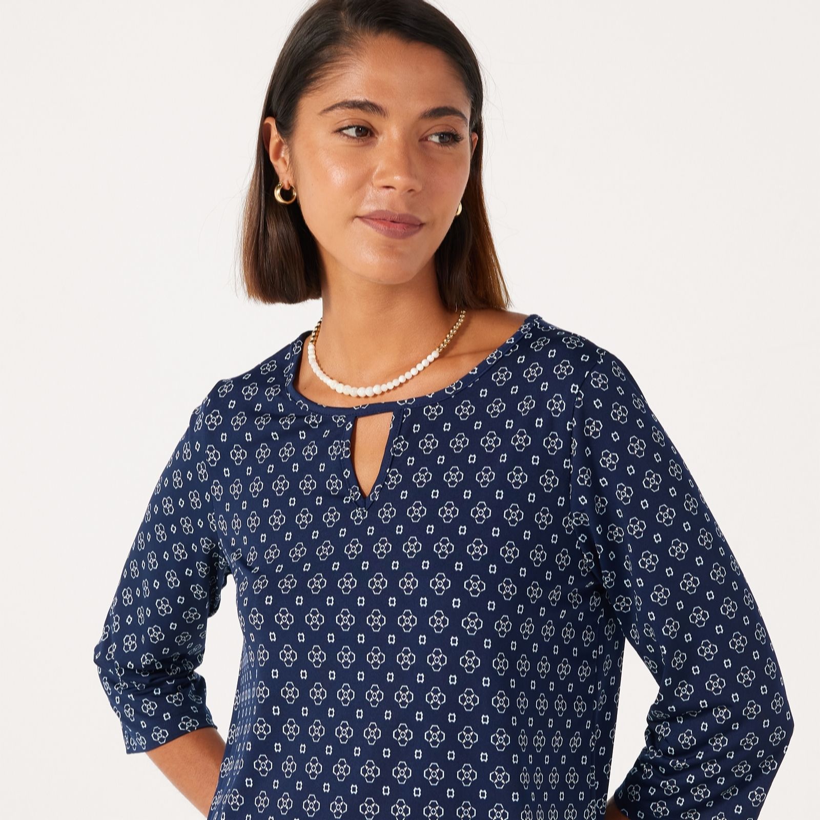 Kim & Co Printed Brazil Jersey 3/4 Sleeve Keyhole Shirt