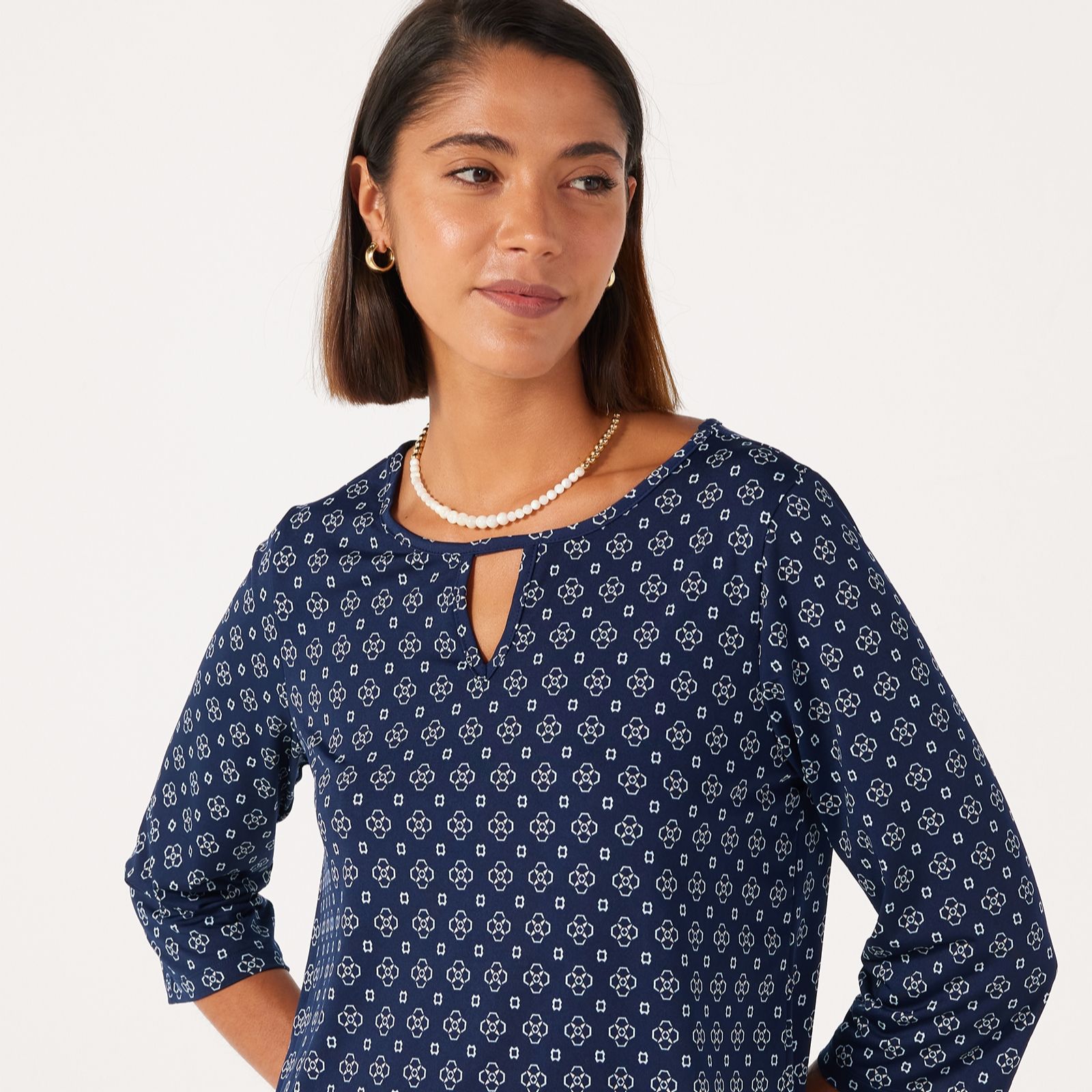 Kim & Co Printed Brazil Jersey 3/4 Sleeve Keyhole Shirt