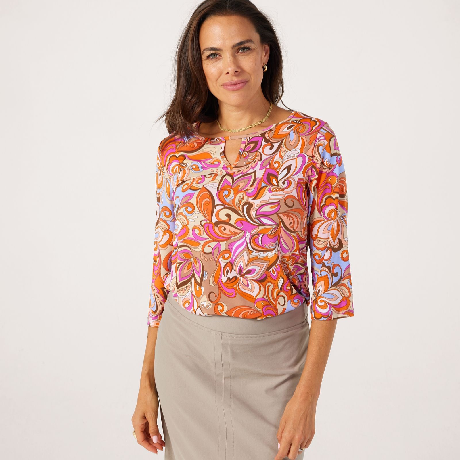 Kim & Co Printed Brazil Jersey 3/4 Sleeve Keyhole Shirt