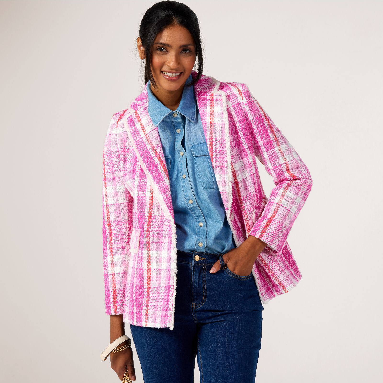 Helene Berman Pink Tweed Fringe Detail Relaxed Fit Blazer