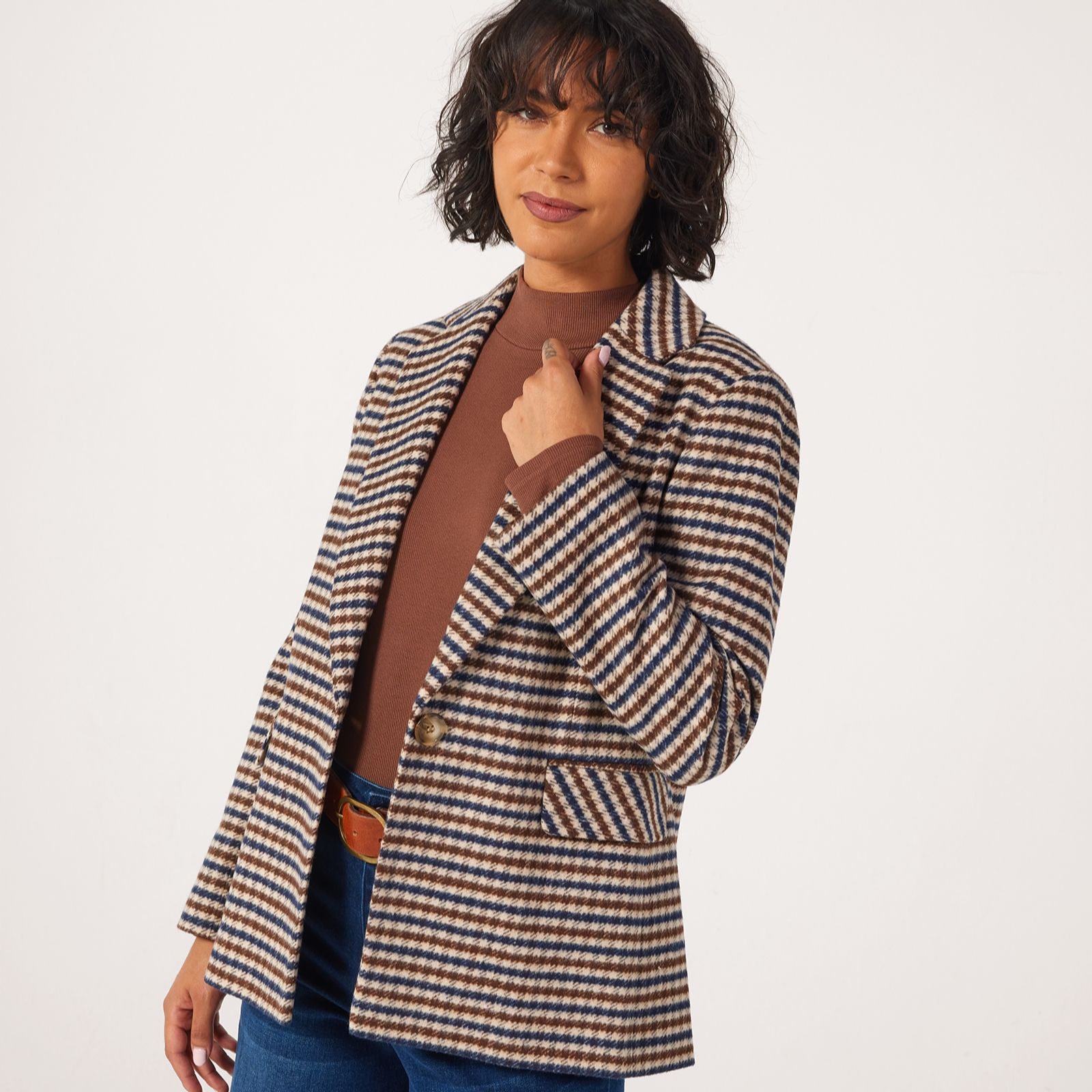 Helene Berman Brown & Navy Miniature Check Longline Blazer