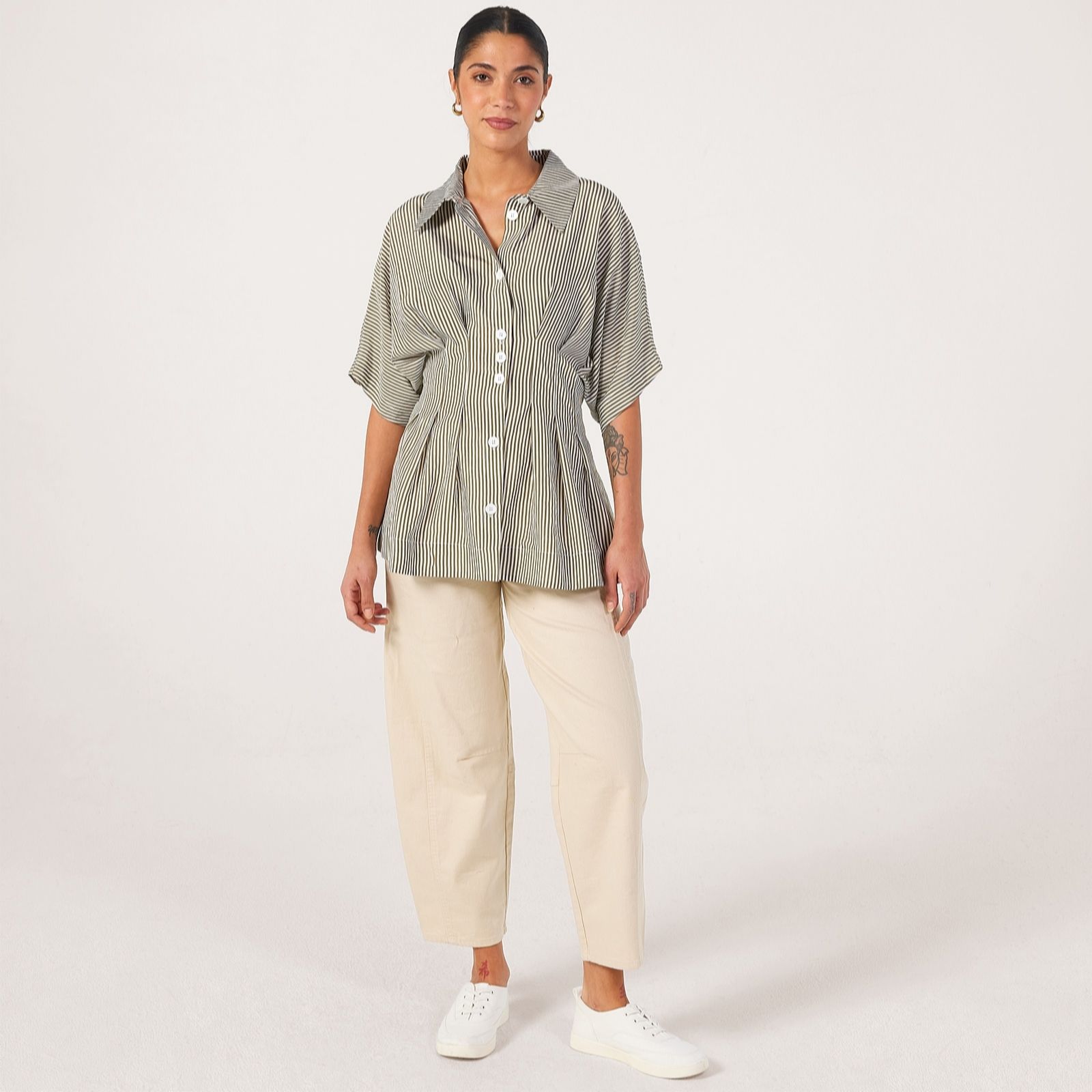 Helene Berman Striped Pleated Waist Button Up Shirt