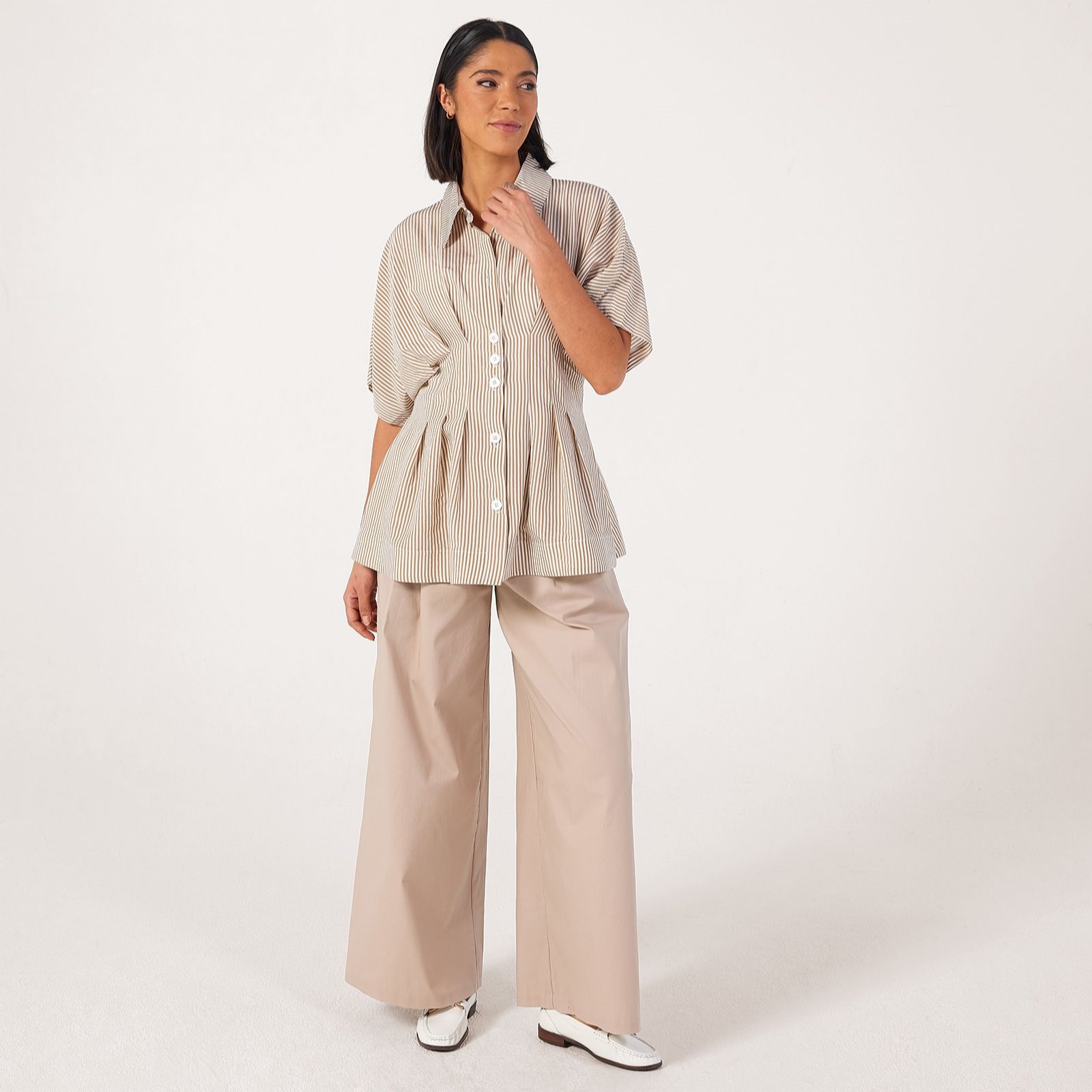 Helene Berman Striped Pleated Waist Button Up Shirt