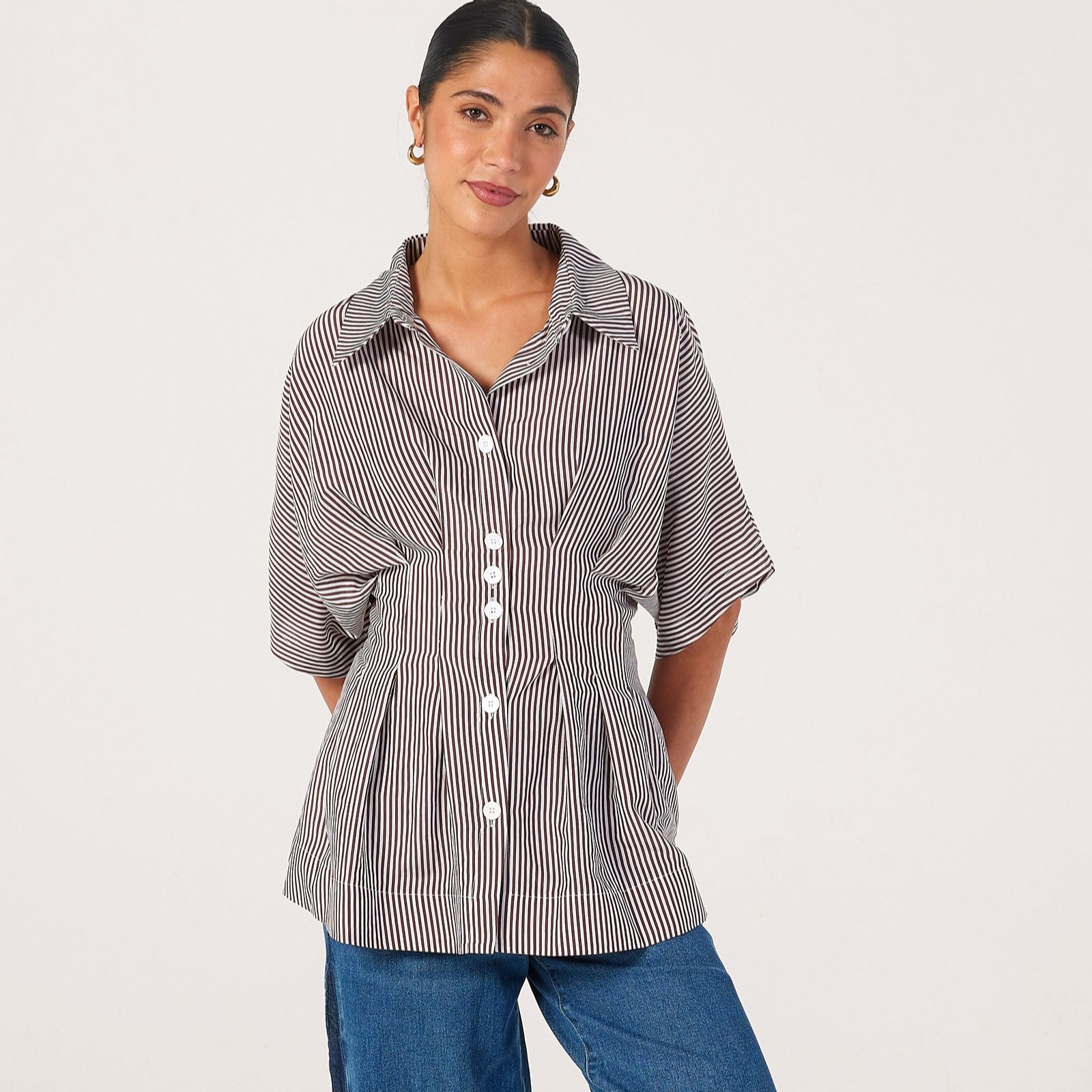 Helene Berman Striped Pleated Waist Button Up Shirt