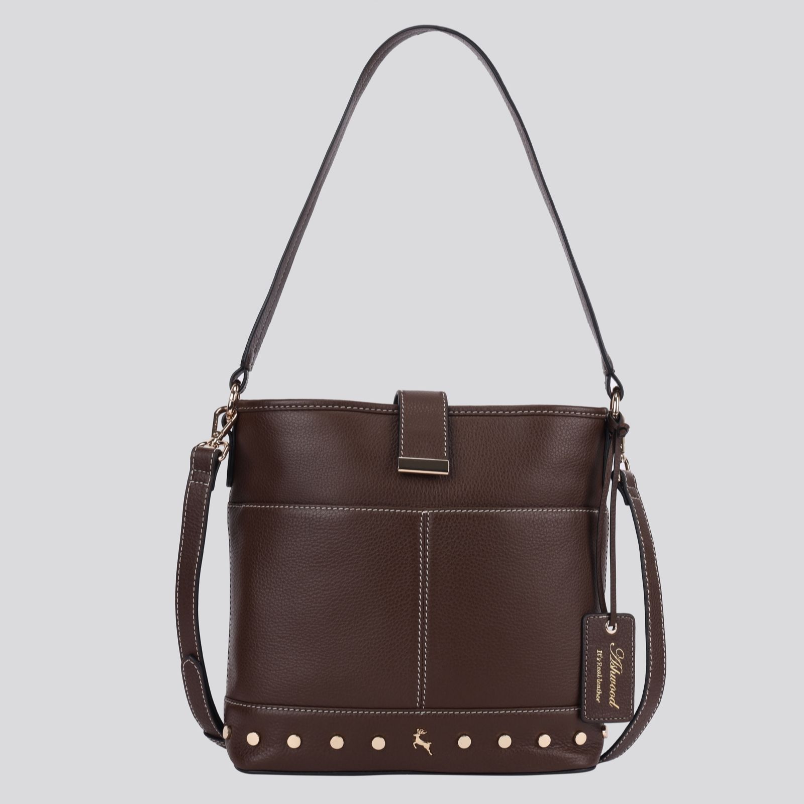 Outlet Ashwood Leather Bucket Bag with Stud Detail