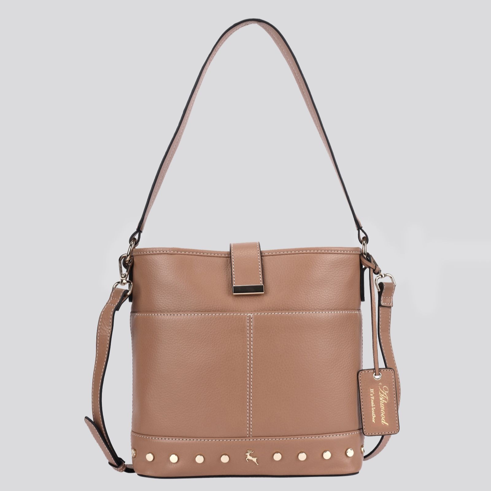 Outlet Ashwood Leather Bucket Bag with Stud Detail