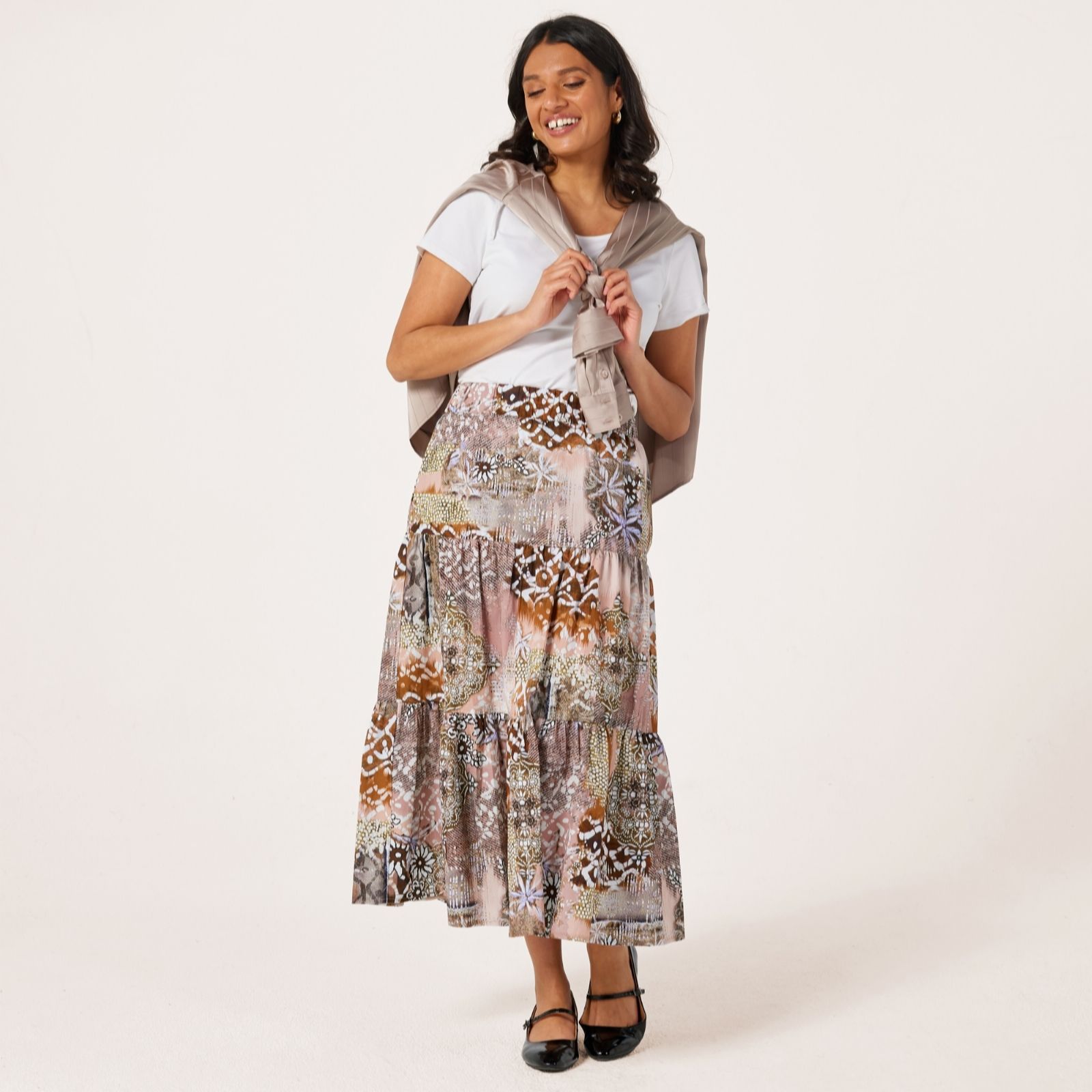 Helene Berman 100% Cotton Printed Tiered Skirt with Stretch Waist