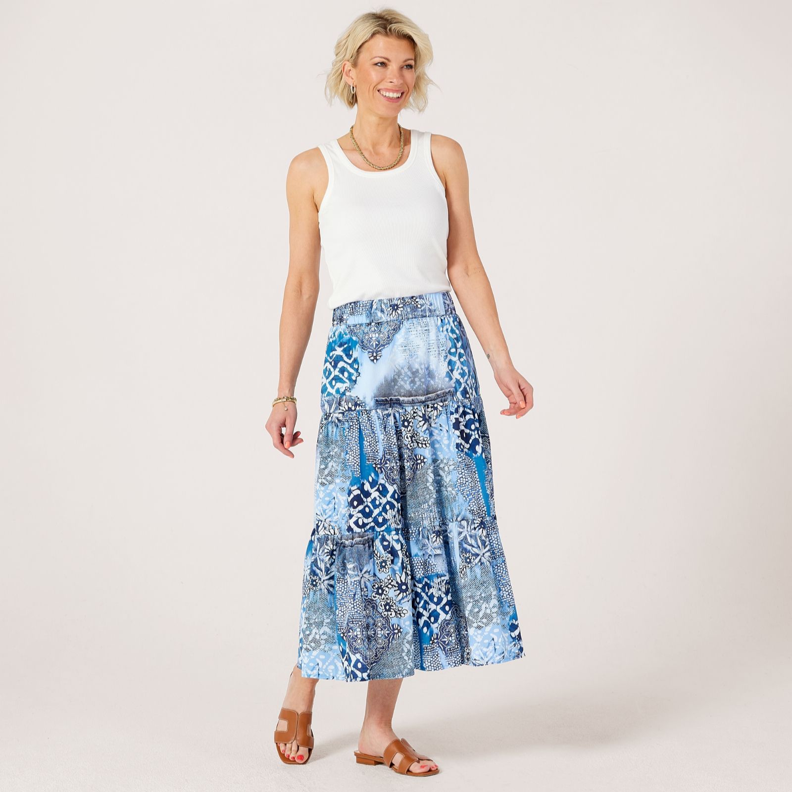 Helene Berman 100% Cotton Printed Tiered Skirt with Stretch Waist