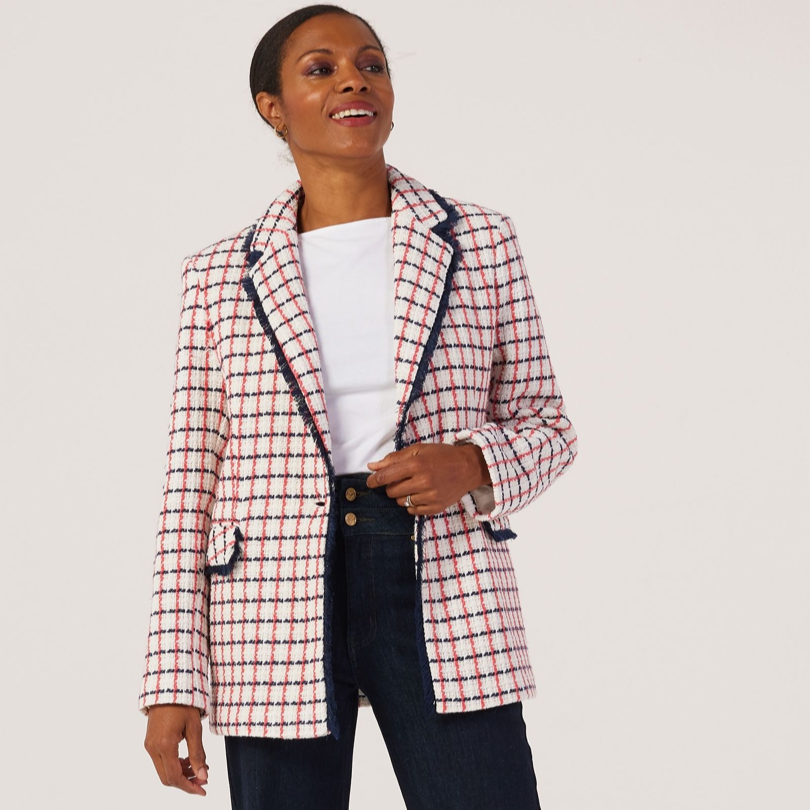 Helene Berman Red Check Tweed Fringed Jacket