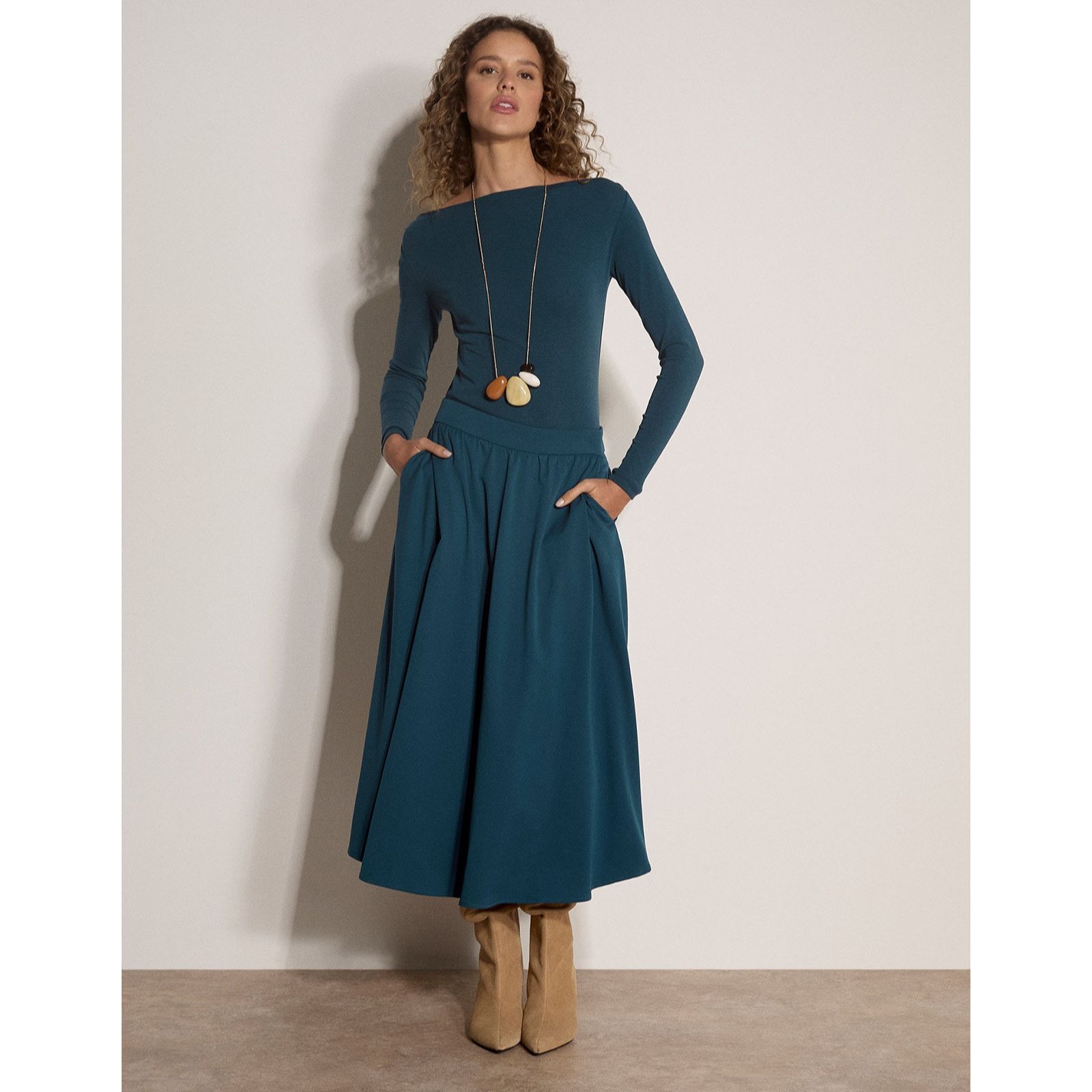 Apricot Brushed Twill Midi Skirt