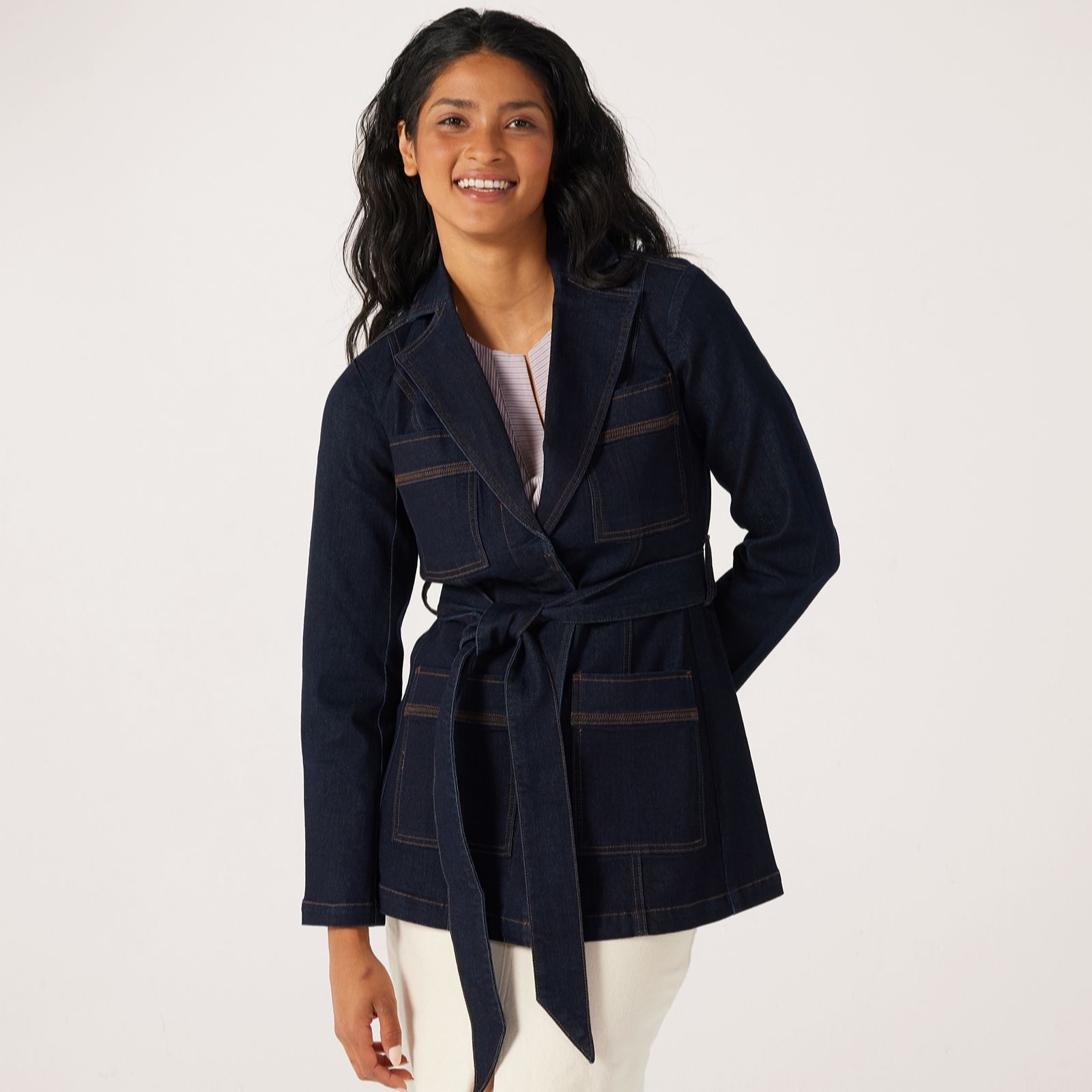 WynneDenim Pocket Blazer with Belt & Zigzag Stich