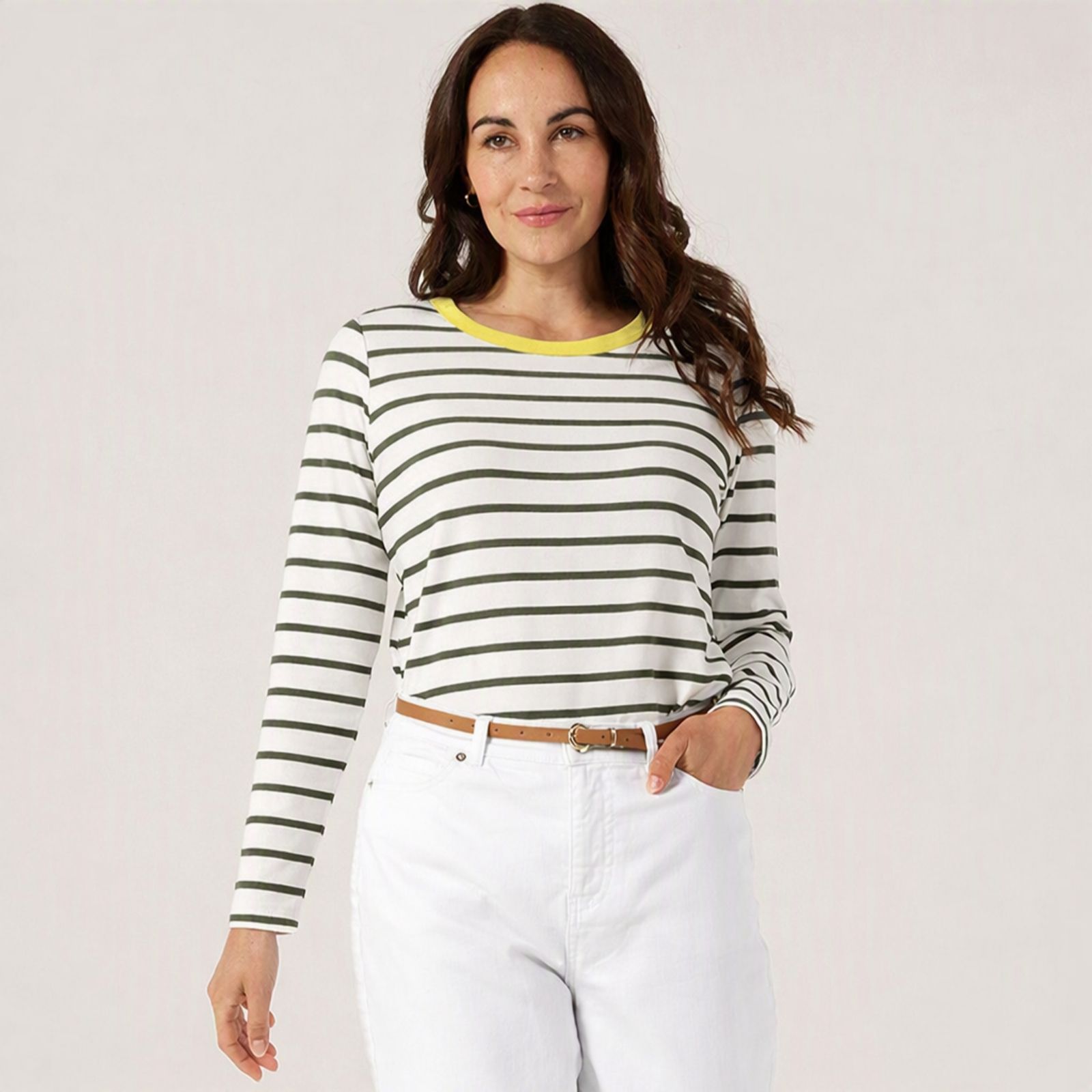 Denim & Co. Ribbed Stripe Top Contrast Collar