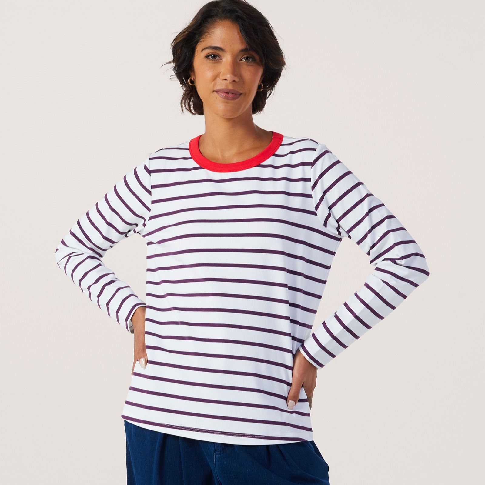 Denim & Co. Ribbed Stripe Top Contrast Collar