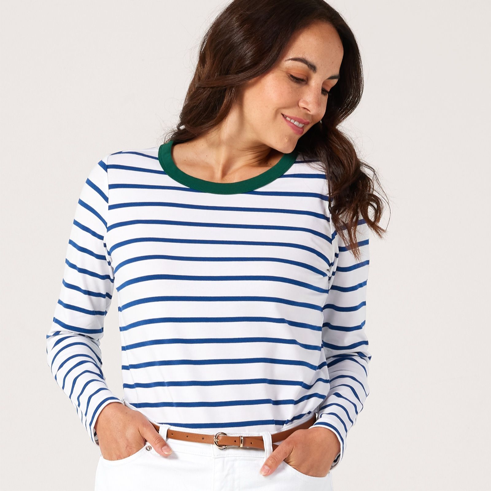 Denim & Co. Ribbed Stripe Top Contrast Collar