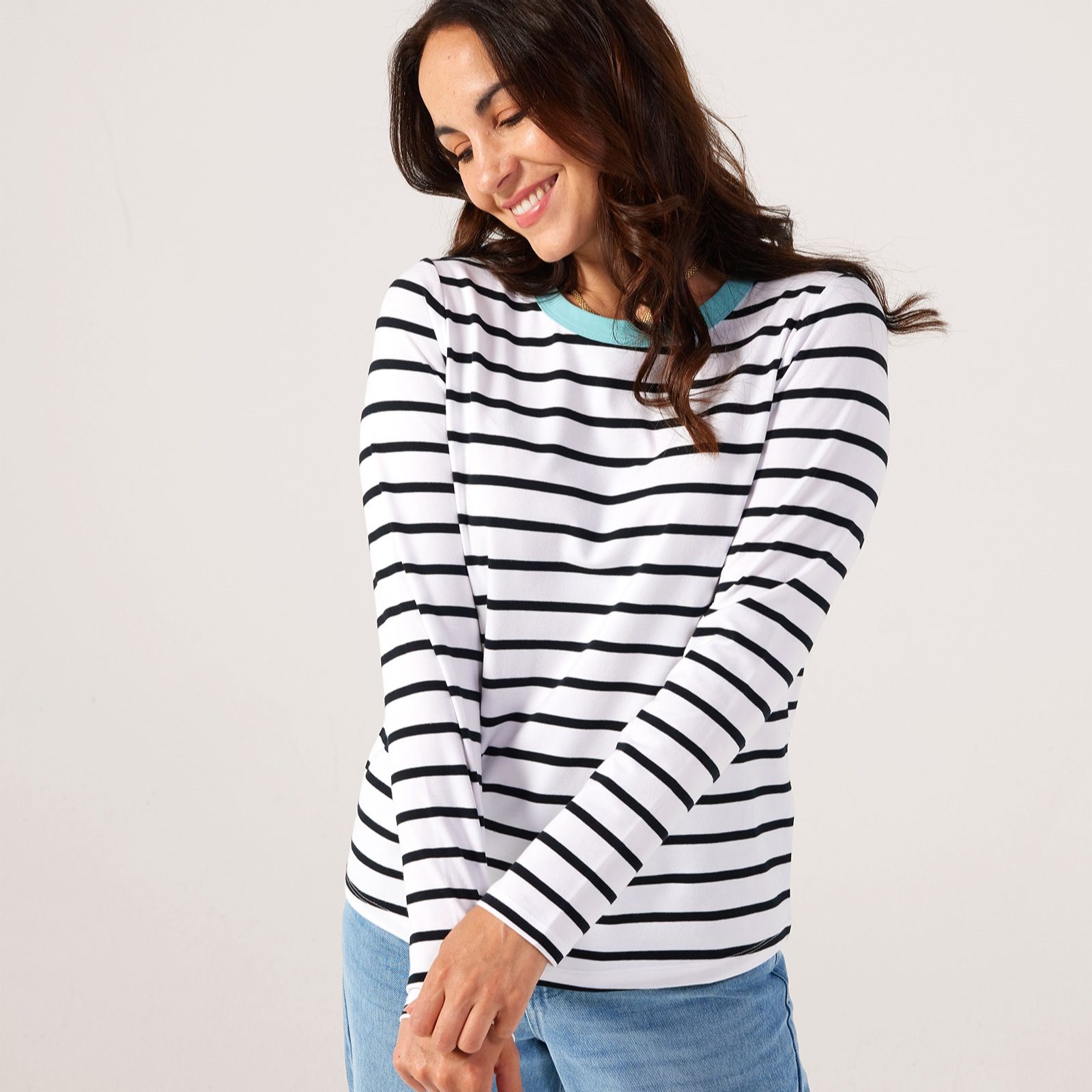 Denim & Co. Ribbed Stripe Top Contrast Collar
