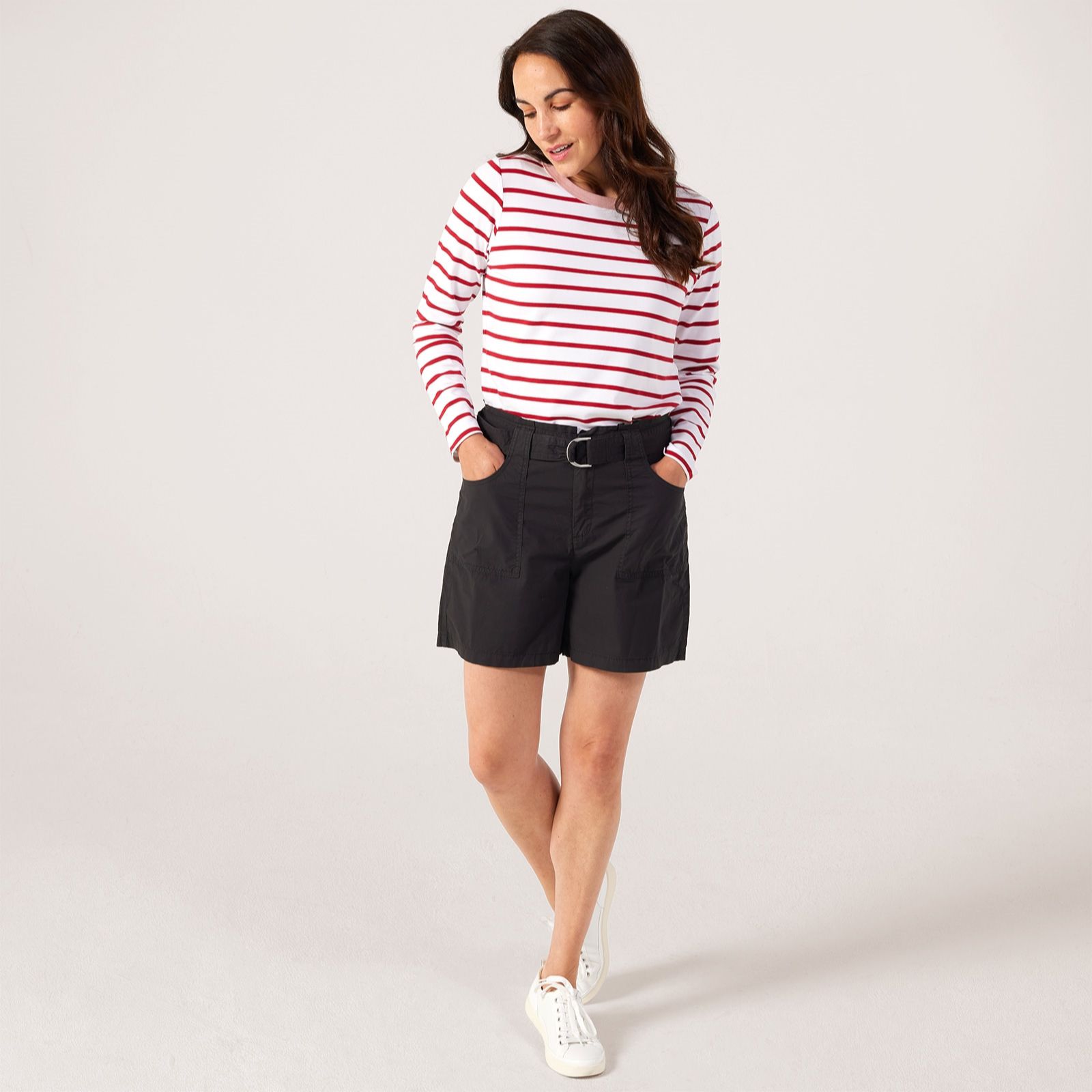 Denim & Co. Ribbed Stripe Top Contrast Collar