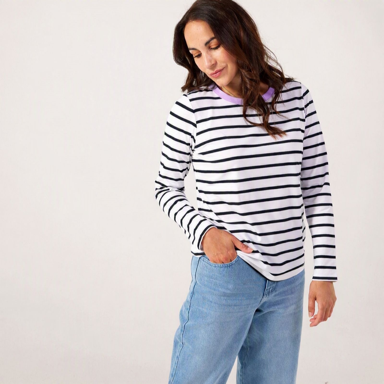 Denim & Co. Ribbed Stripe Top Contrast Collar