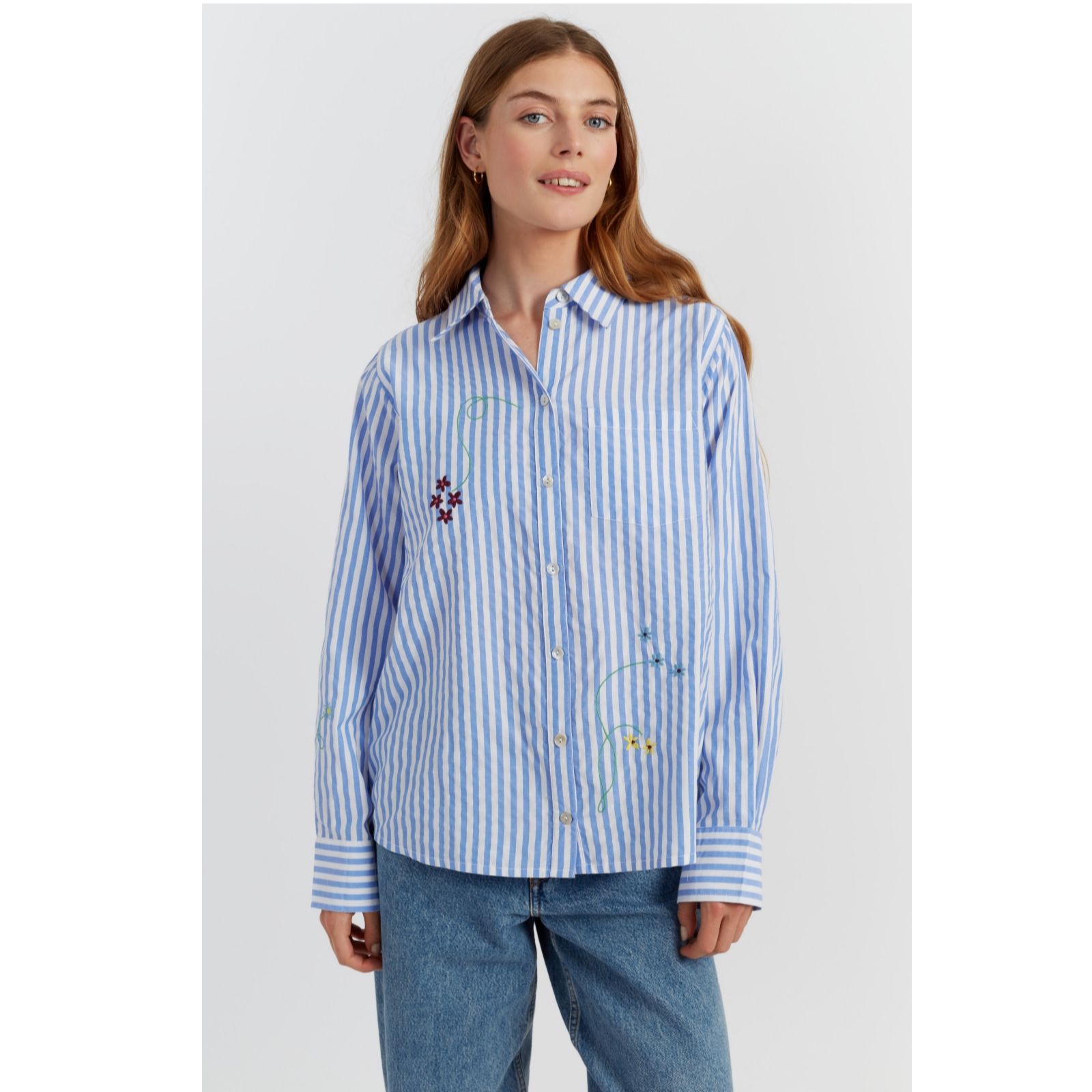 Chinti & Parker Hand Embroidered Floral Oxford Stripe Shirt
