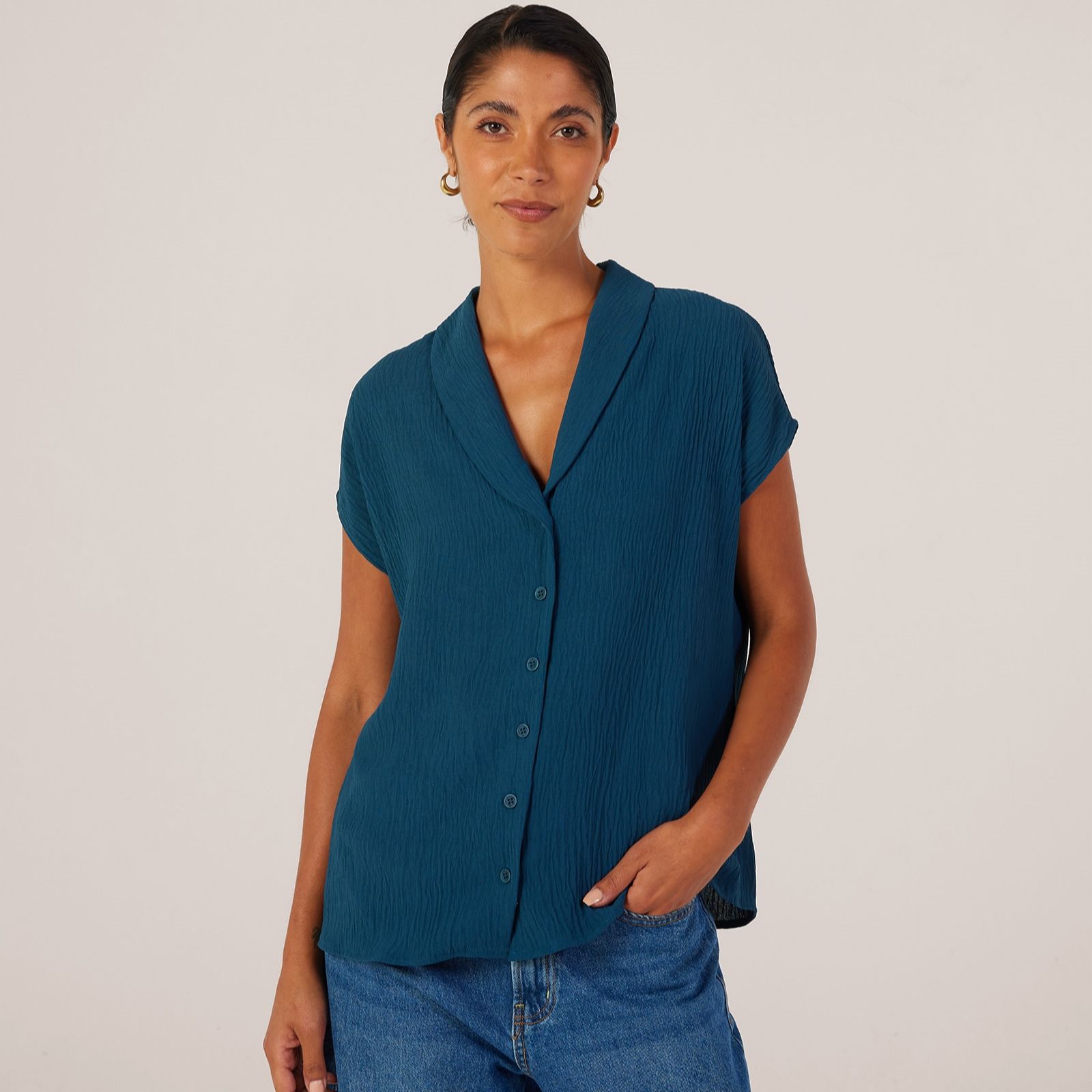 Kim & Co Crinkle Poplin Short Dolman Sleeve Shawl Collar Shirt