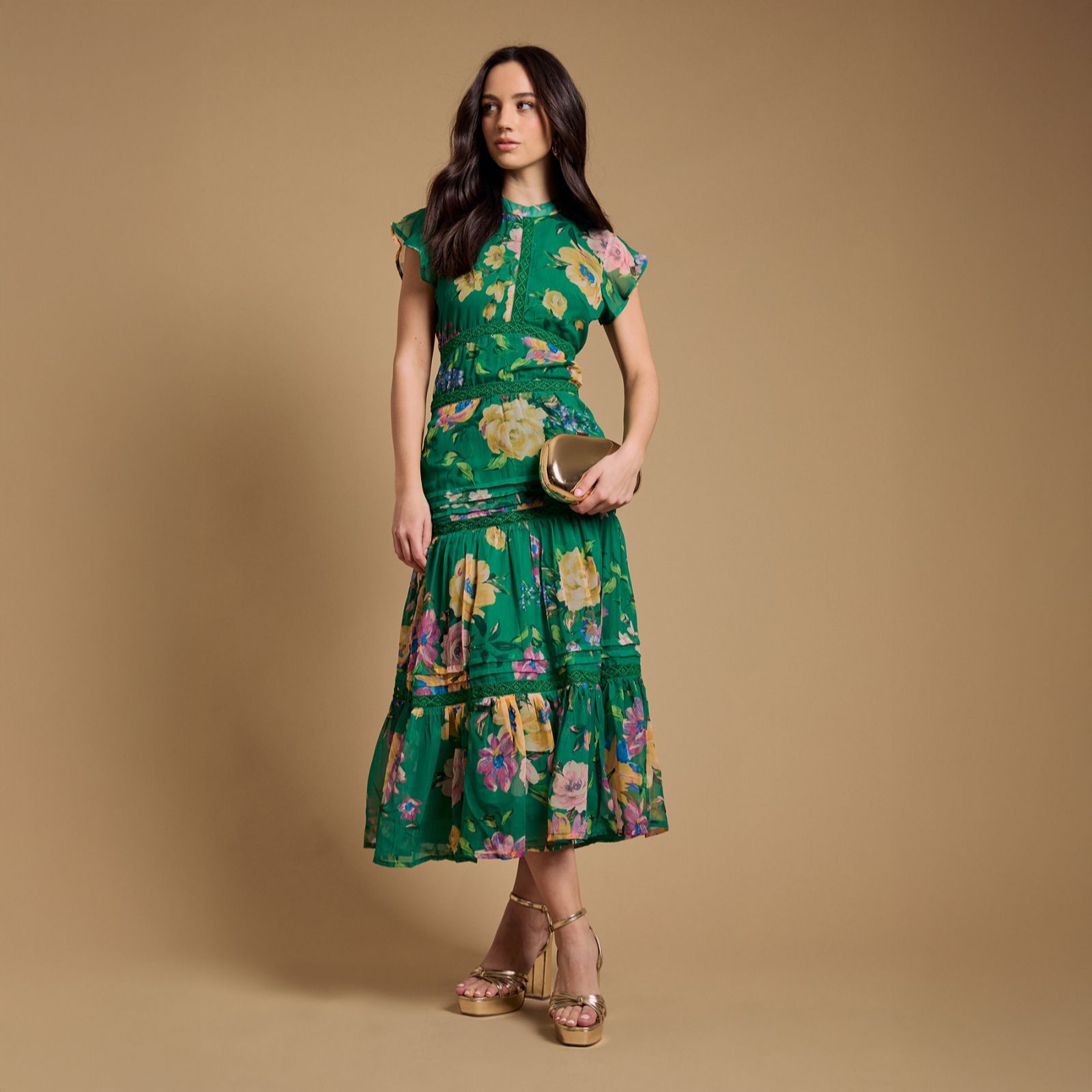 Oasis Floral Printed Chiffon Lace Insert Dress