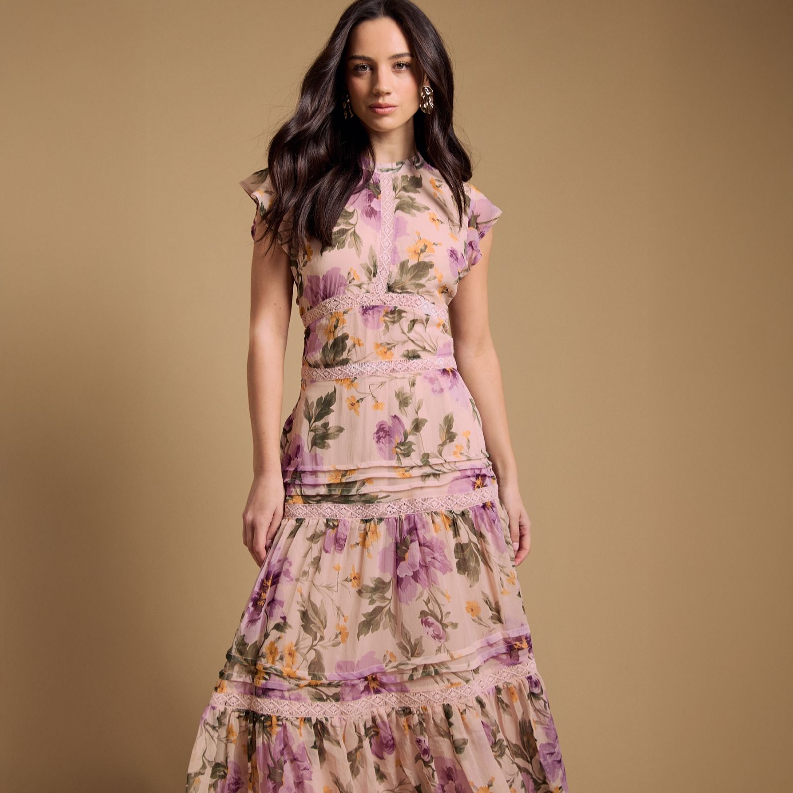 Oasis Floral Printed Chiffon Lace Insert Dress